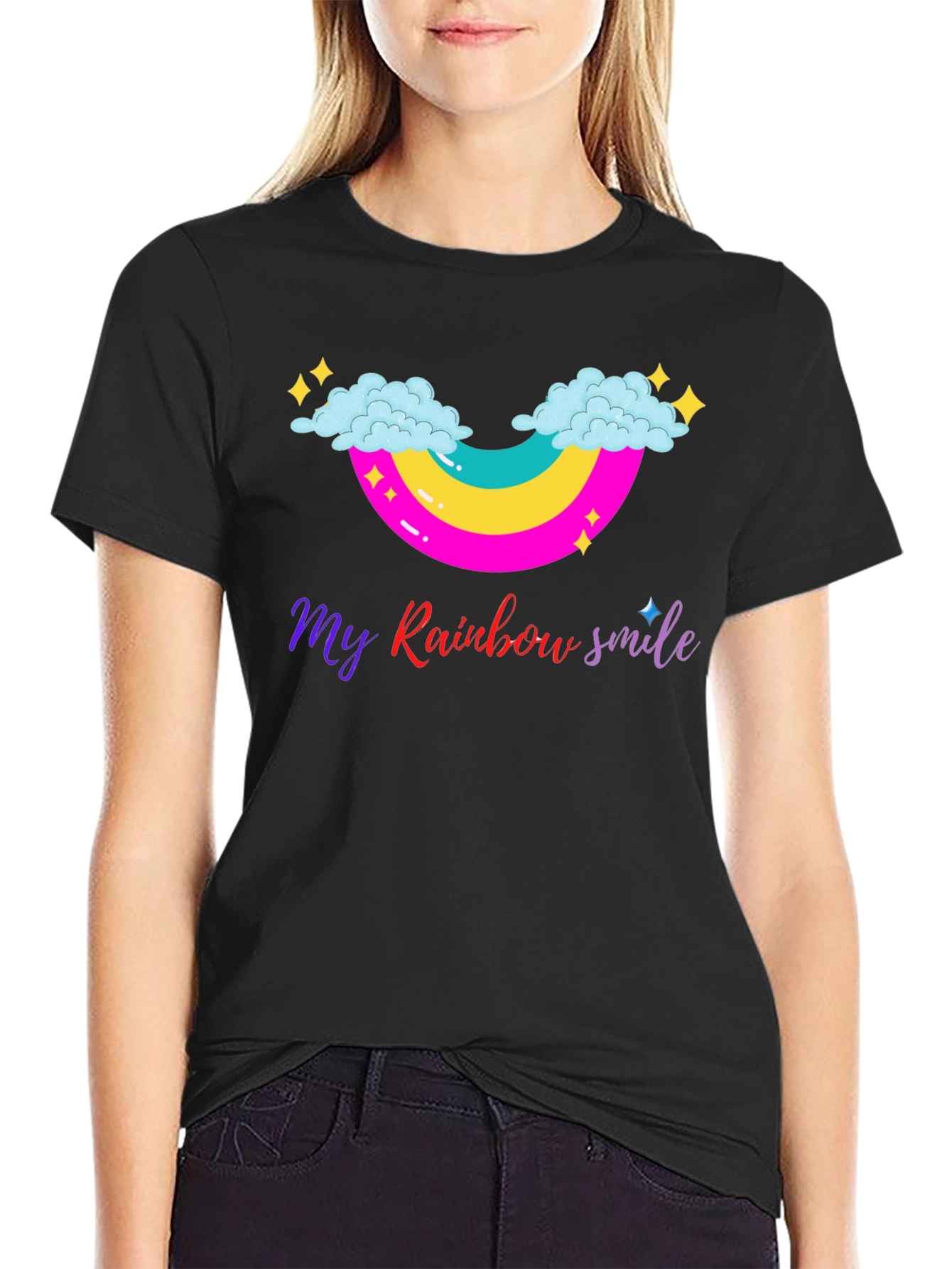 Rainbow Smile Graphic Tee - Black Cotton T-Shirt