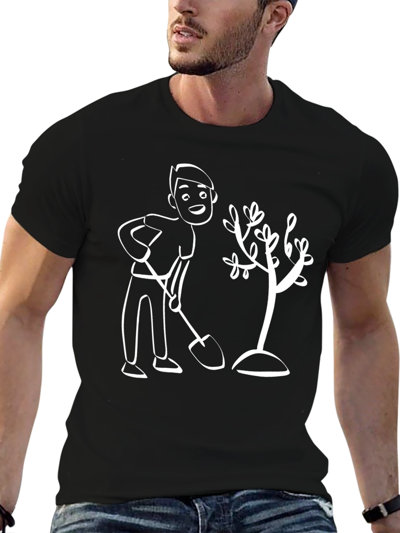 Cartoon Gardener Graphic T-Shirt - Black