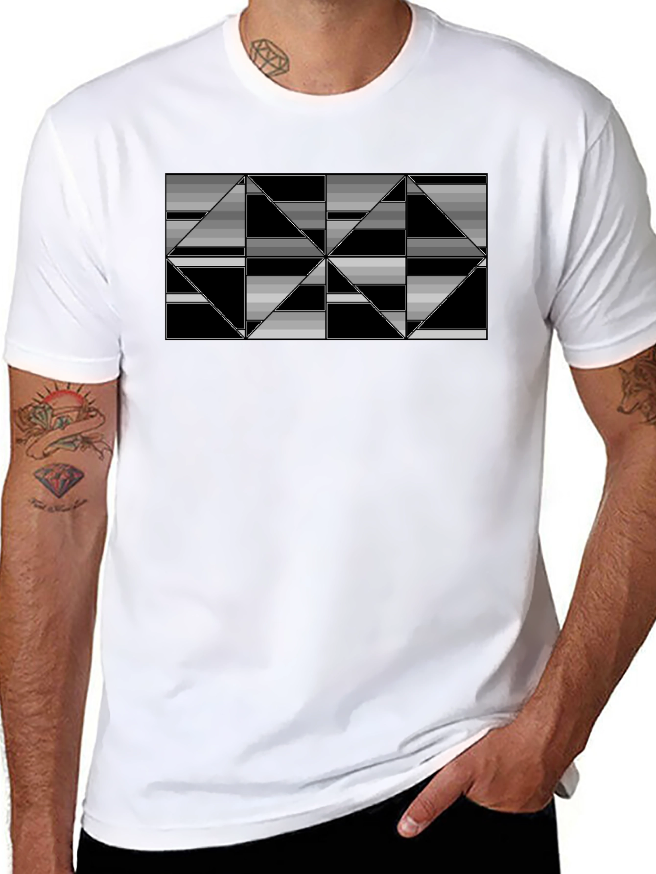 Geometric Triangle Patterned Black T-Shirt