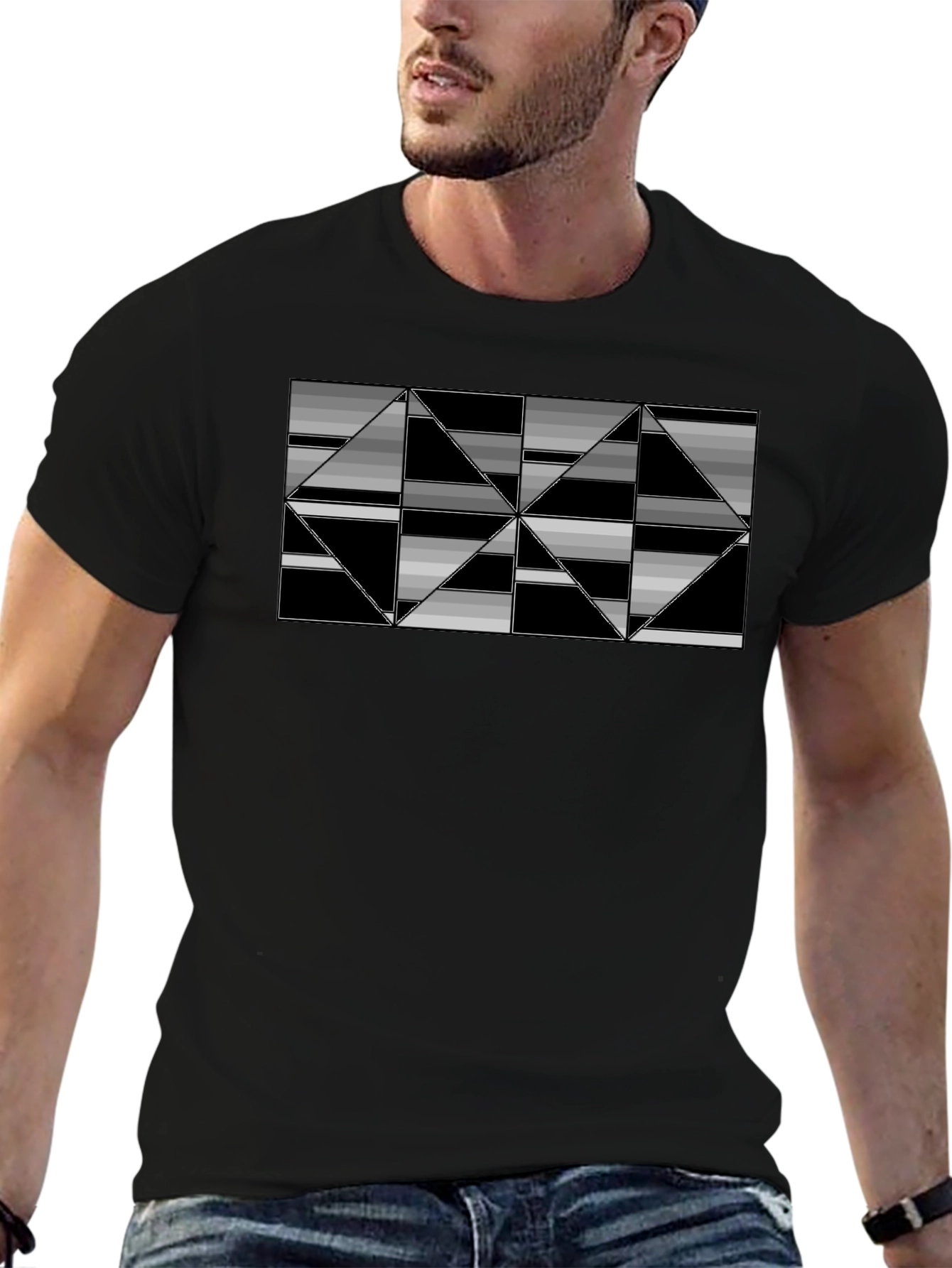 Geometric Triangle Patterned Black T-Shirt