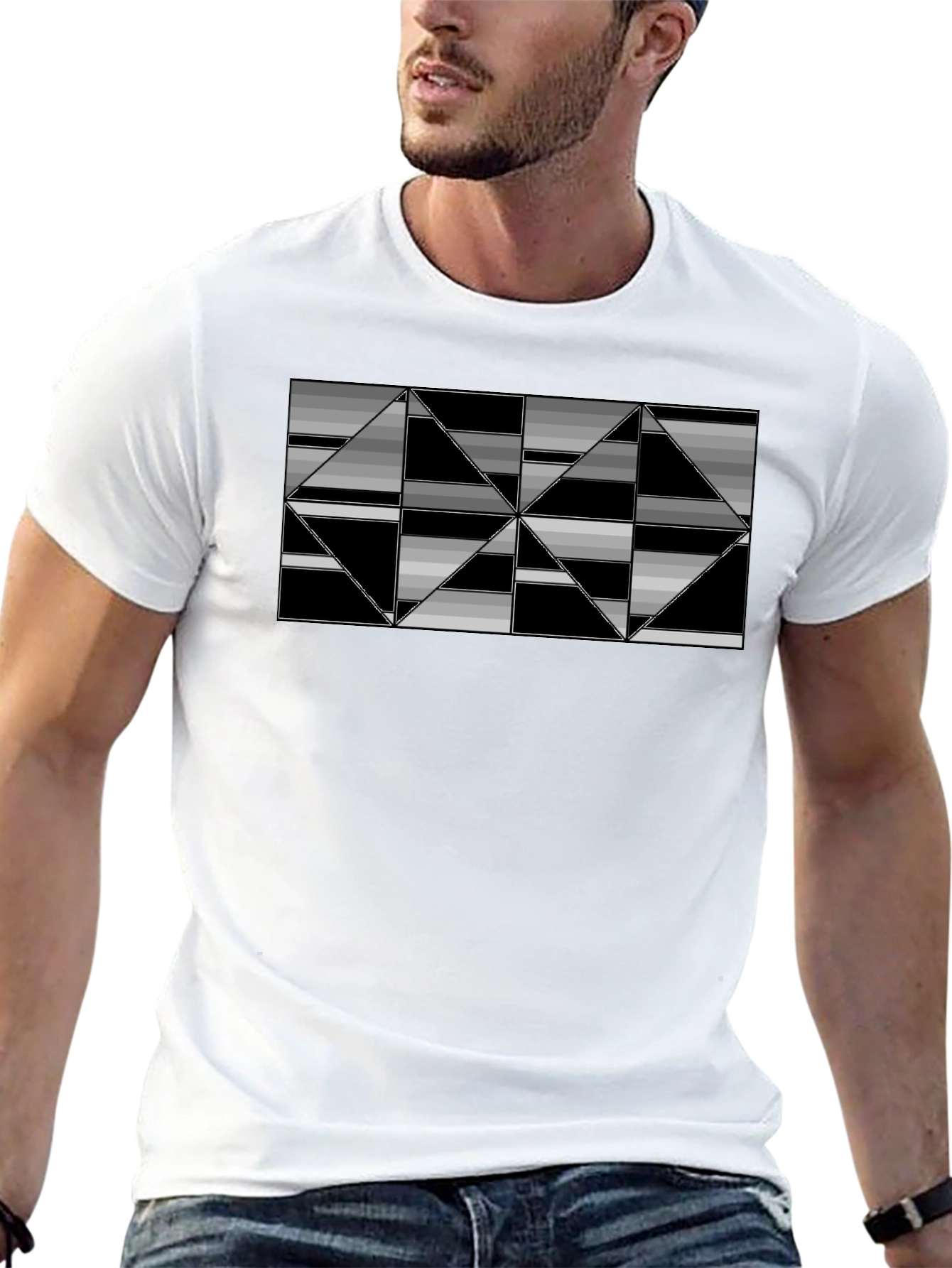 Geometric Triangle Patterned Black T-Shirt