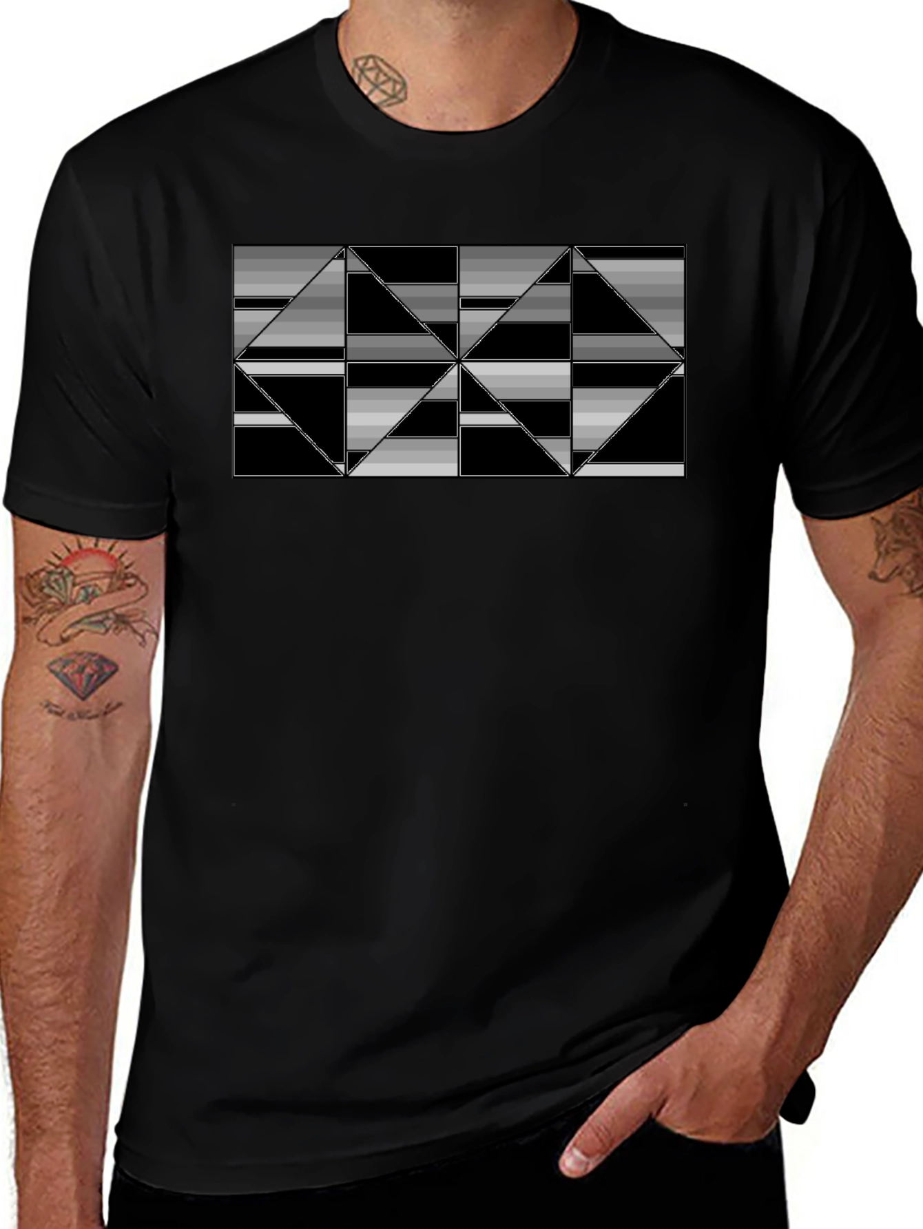 Geometric Triangle Patterned Black T-Shirt