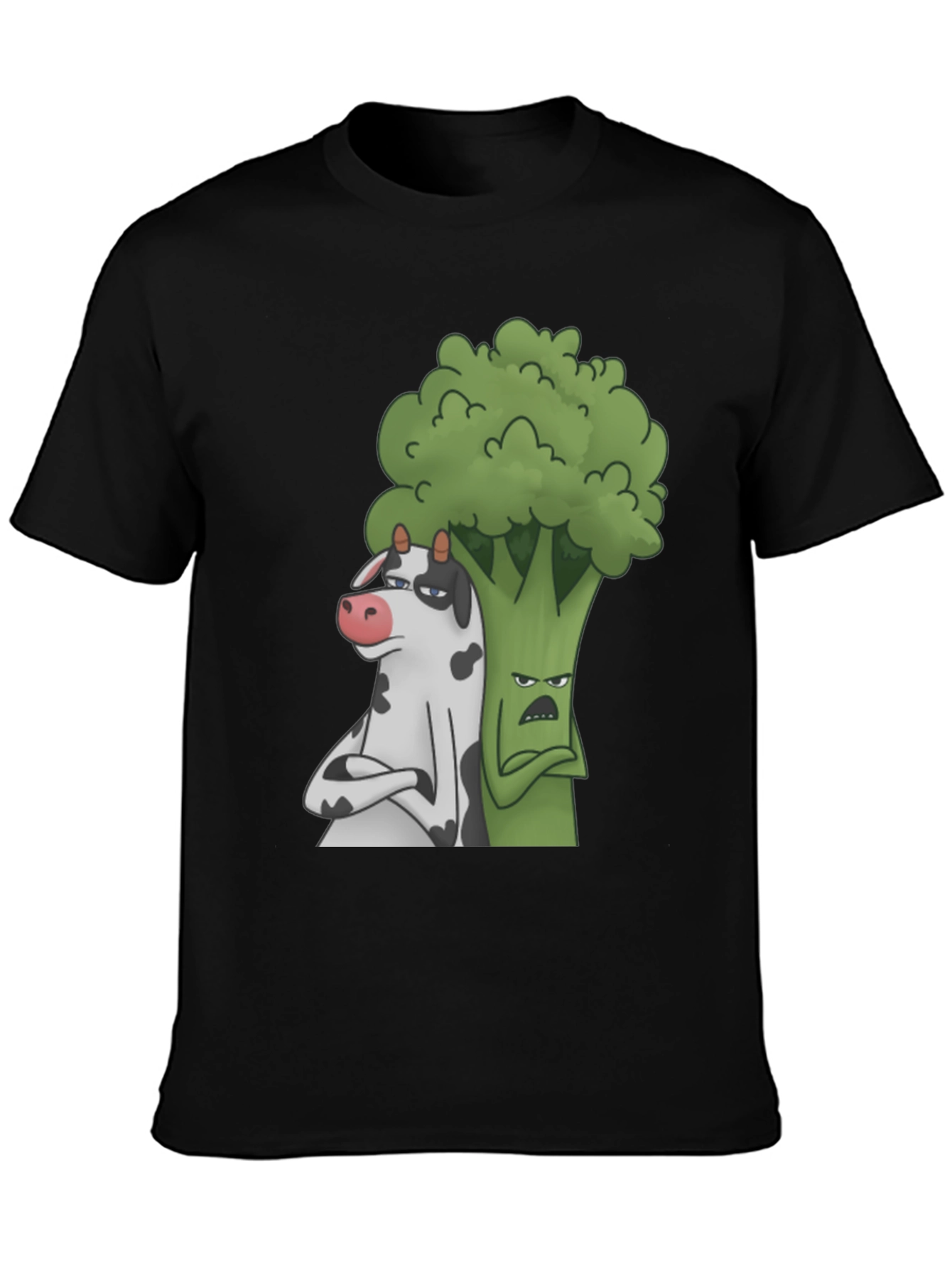 Cow and Broccoli Cartoon Black T-Shirt