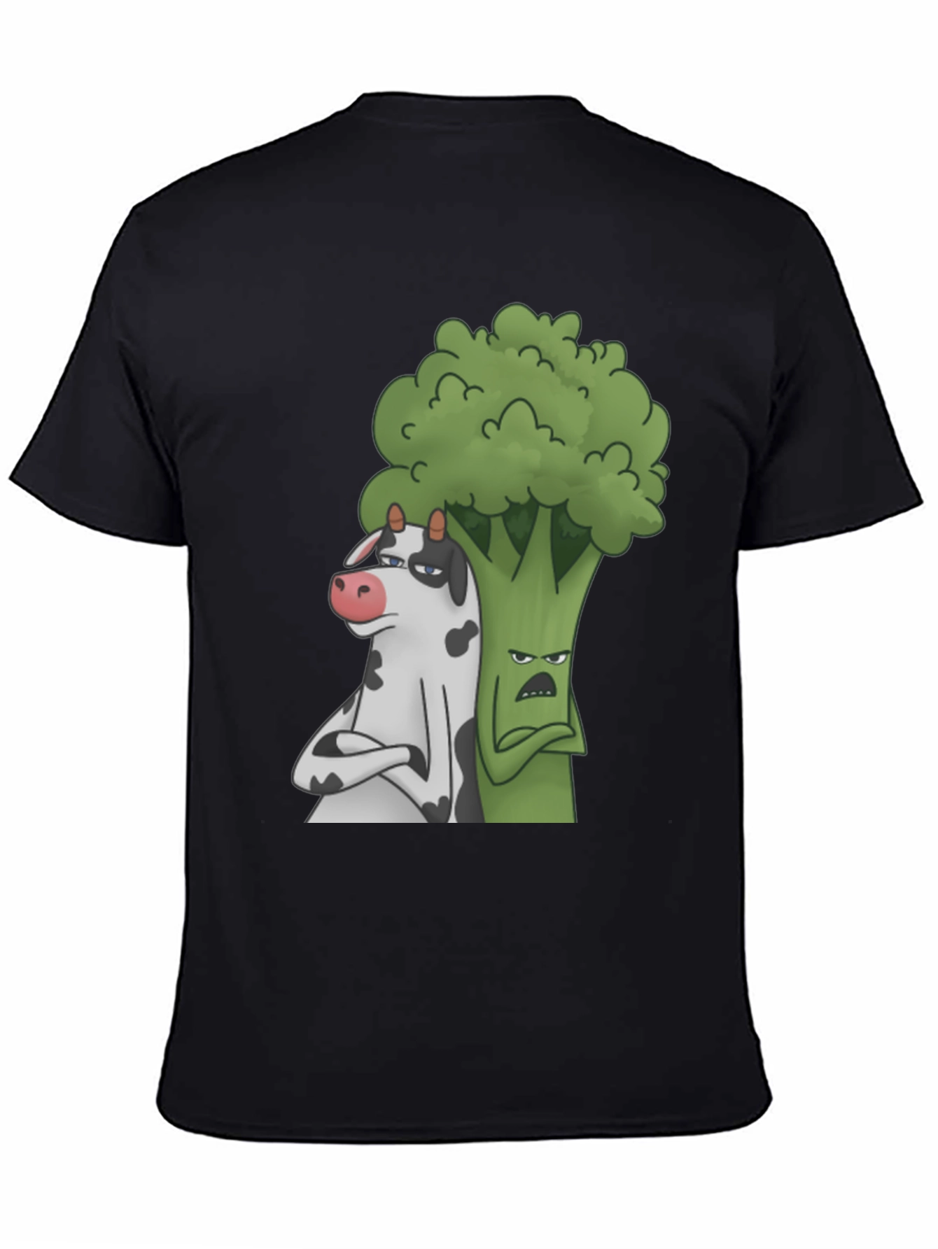 Cow and Broccoli Cartoon Black T-Shirt