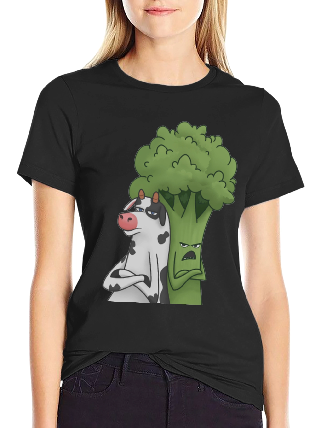 Cow and Broccoli Cartoon Black T-Shirt