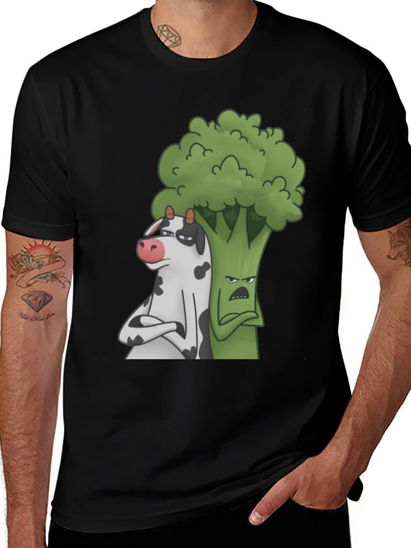 Cow and Broccoli Cartoon Black T-Shirt