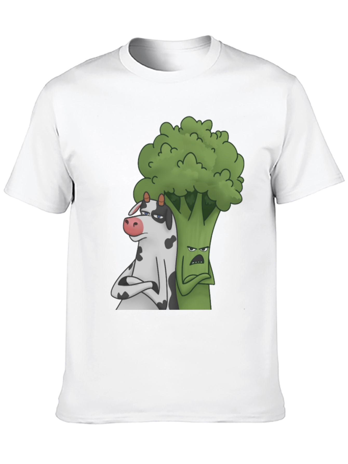 Cow and Broccoli Cartoon Black T-Shirt