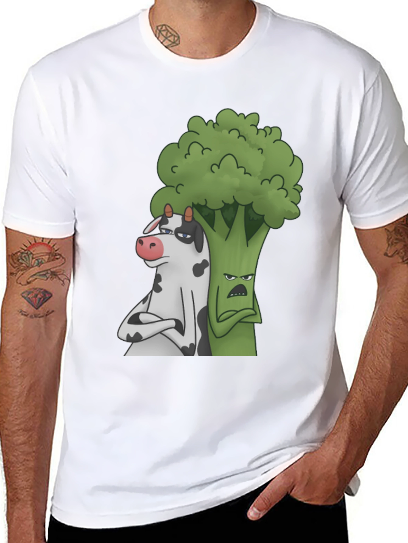 Cow and Broccoli Cartoon Black T-Shirt