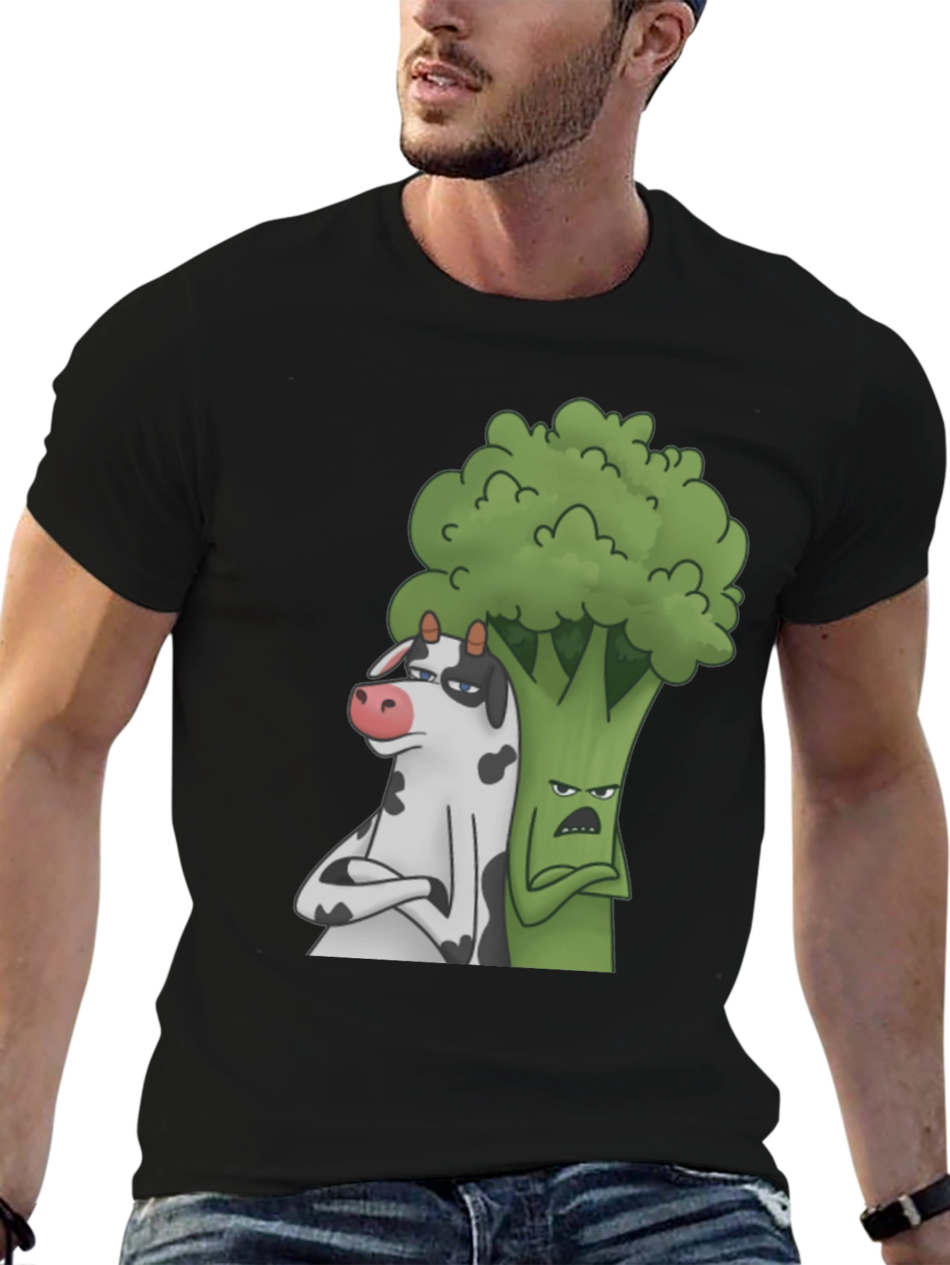 Cow and Broccoli Cartoon Black T-Shirt