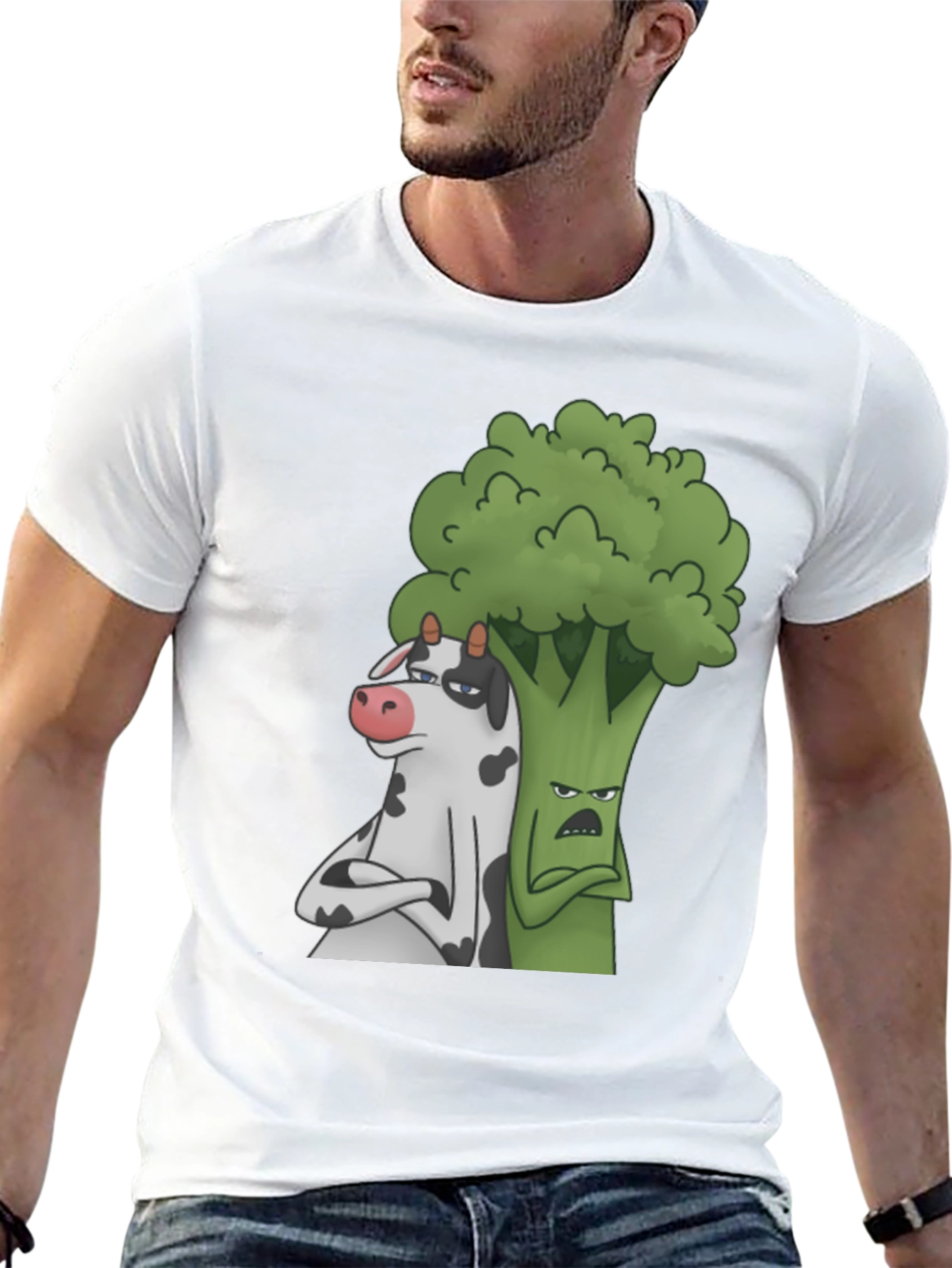 Cow and Broccoli Cartoon Black T-Shirt
