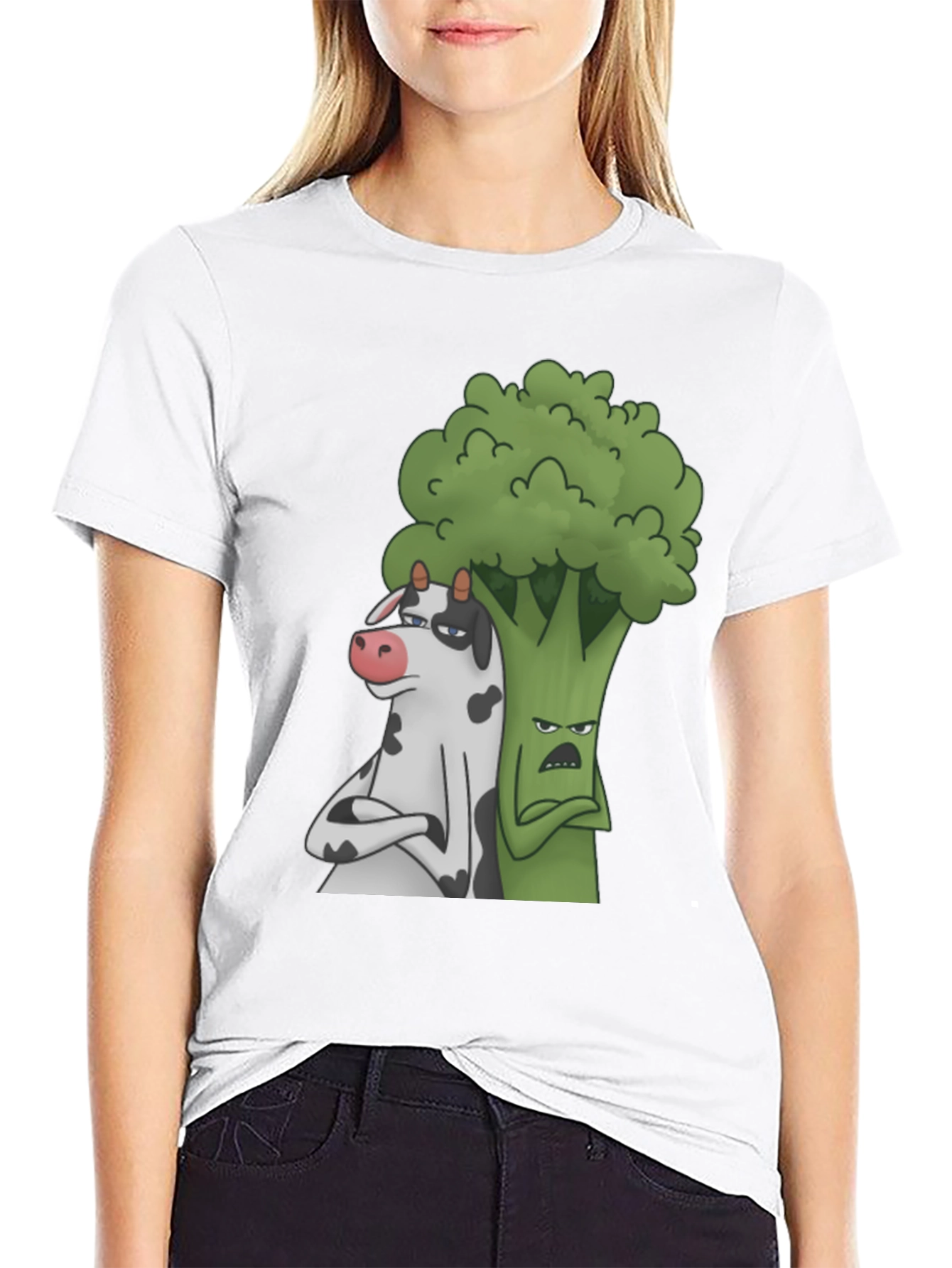 Cow and Broccoli Cartoon Black T-Shirt