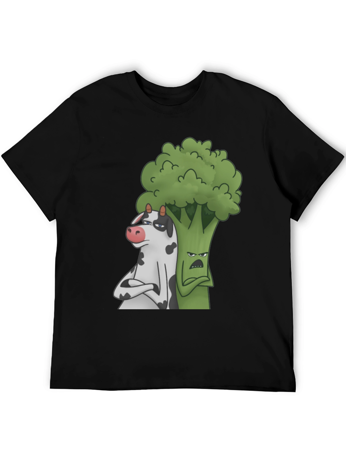 Cow and Broccoli Cartoon Black T-Shirt