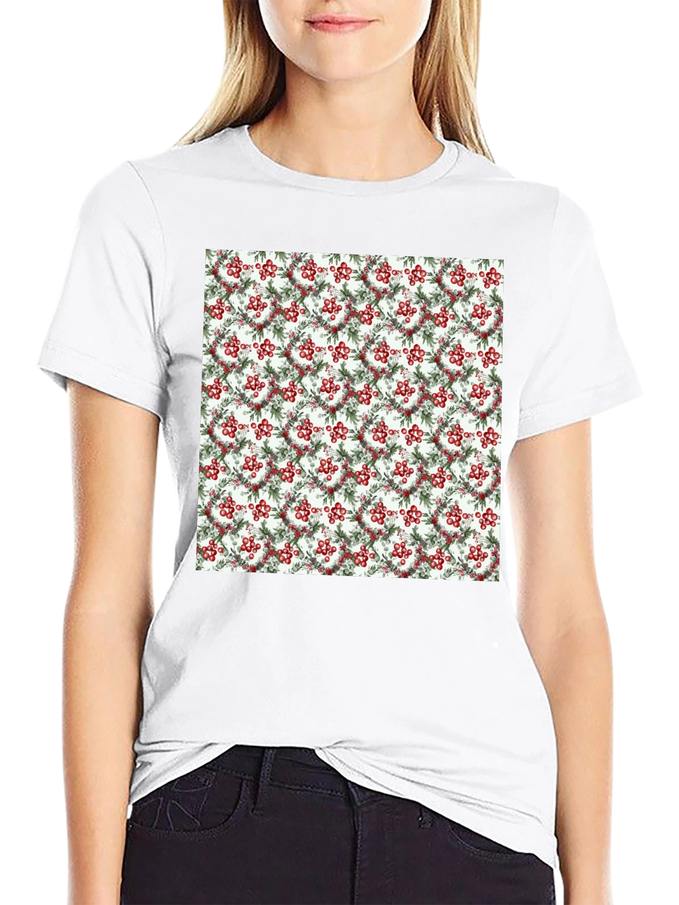 Festive Berry Wreath Pattern Black T-Shirt