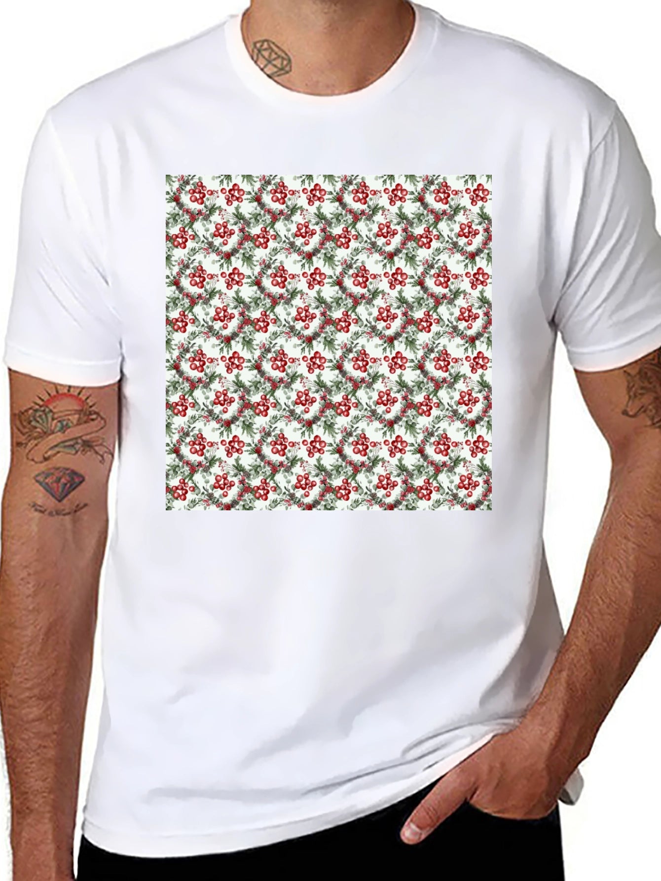 Festive Berry Wreath Pattern Black T-Shirt