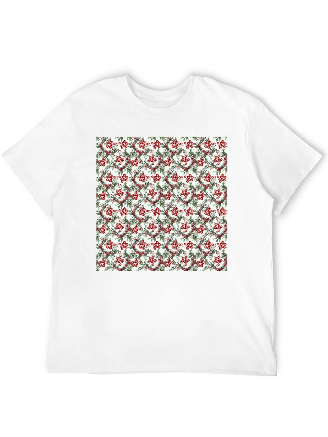 Festive Berry Wreath Pattern Black T-Shirt