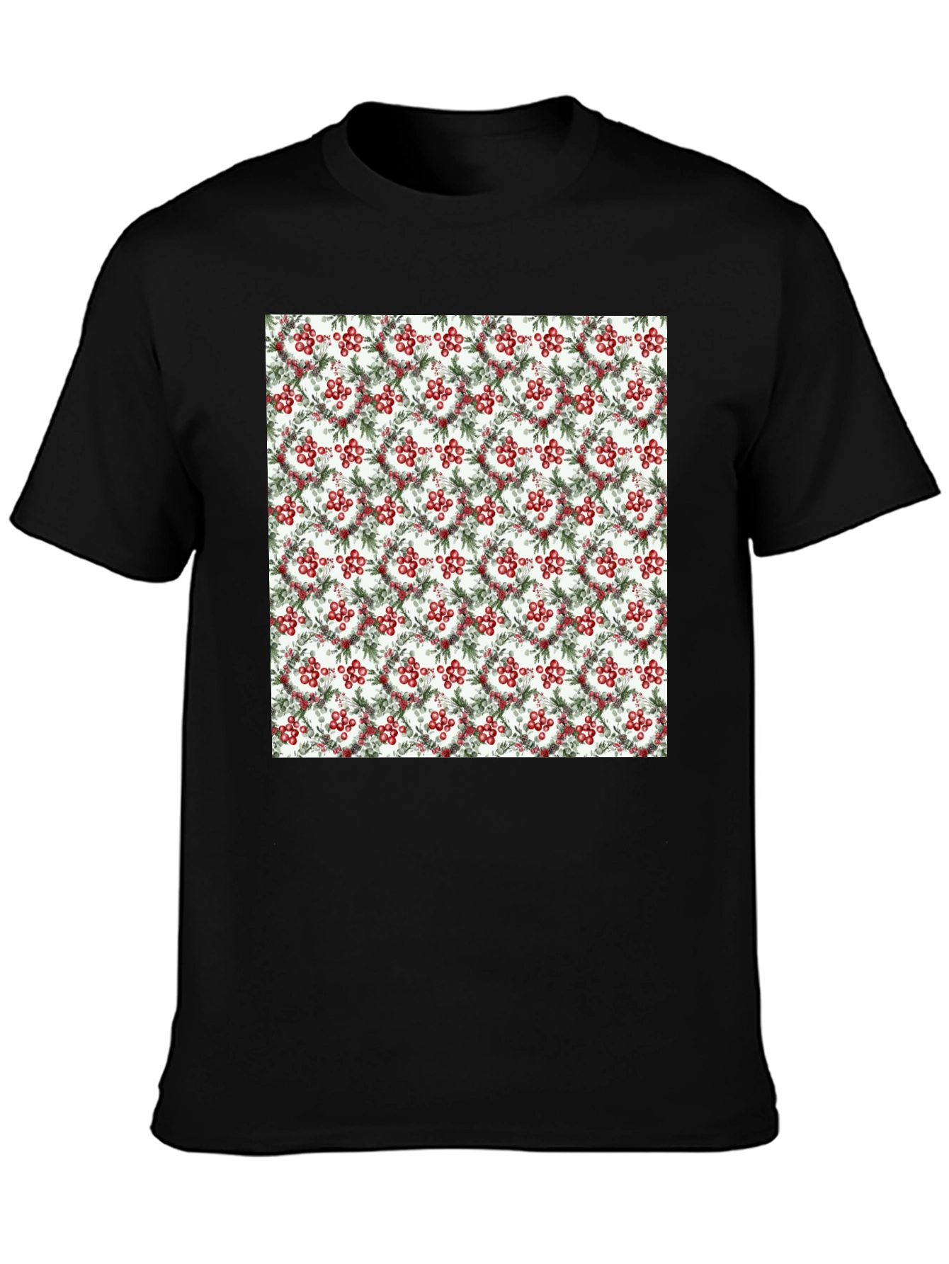 Festive Berry Wreath Pattern Black T-Shirt