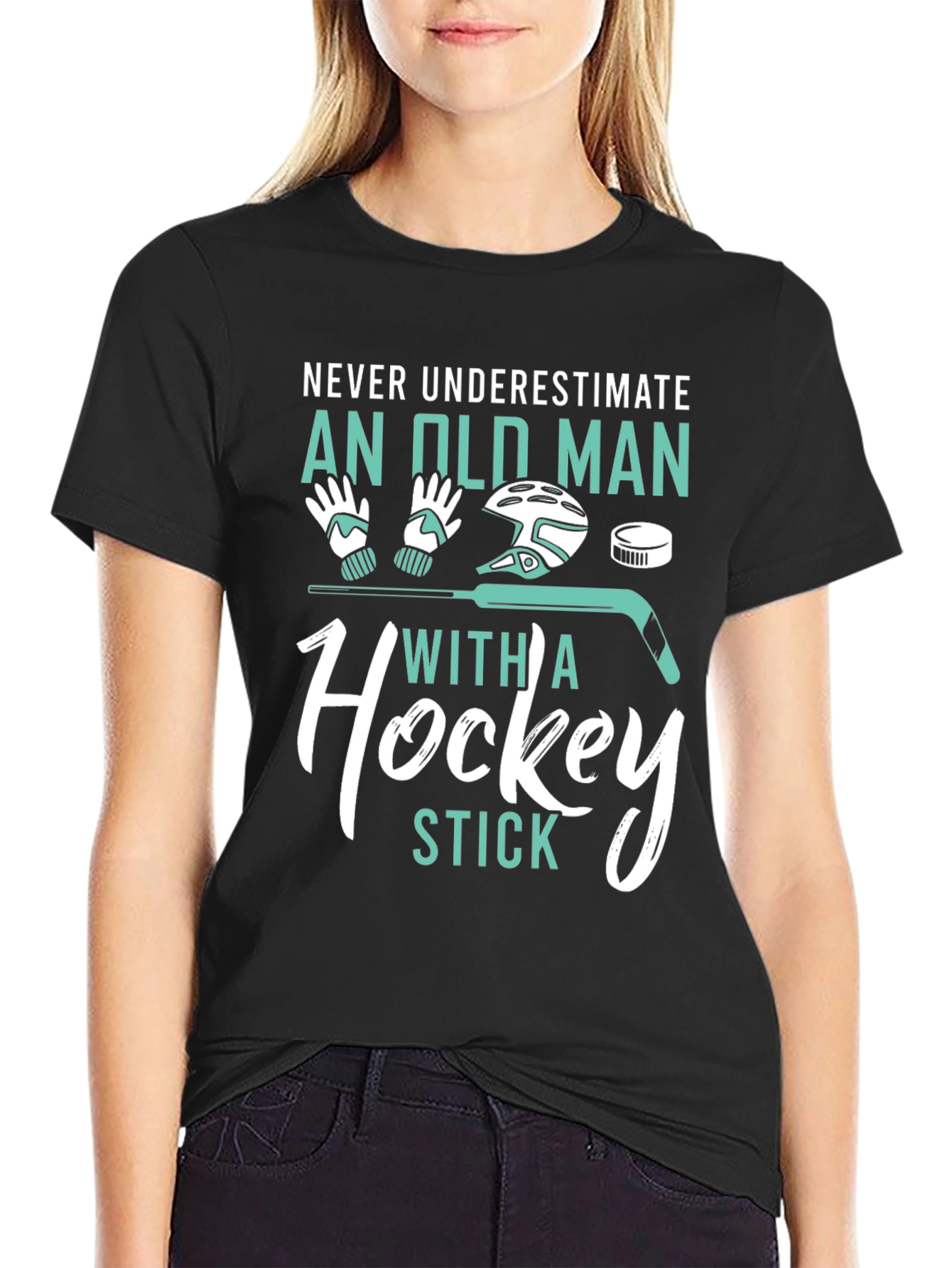 Never Underestimate Old Man Hockey Stick Graphic Tee