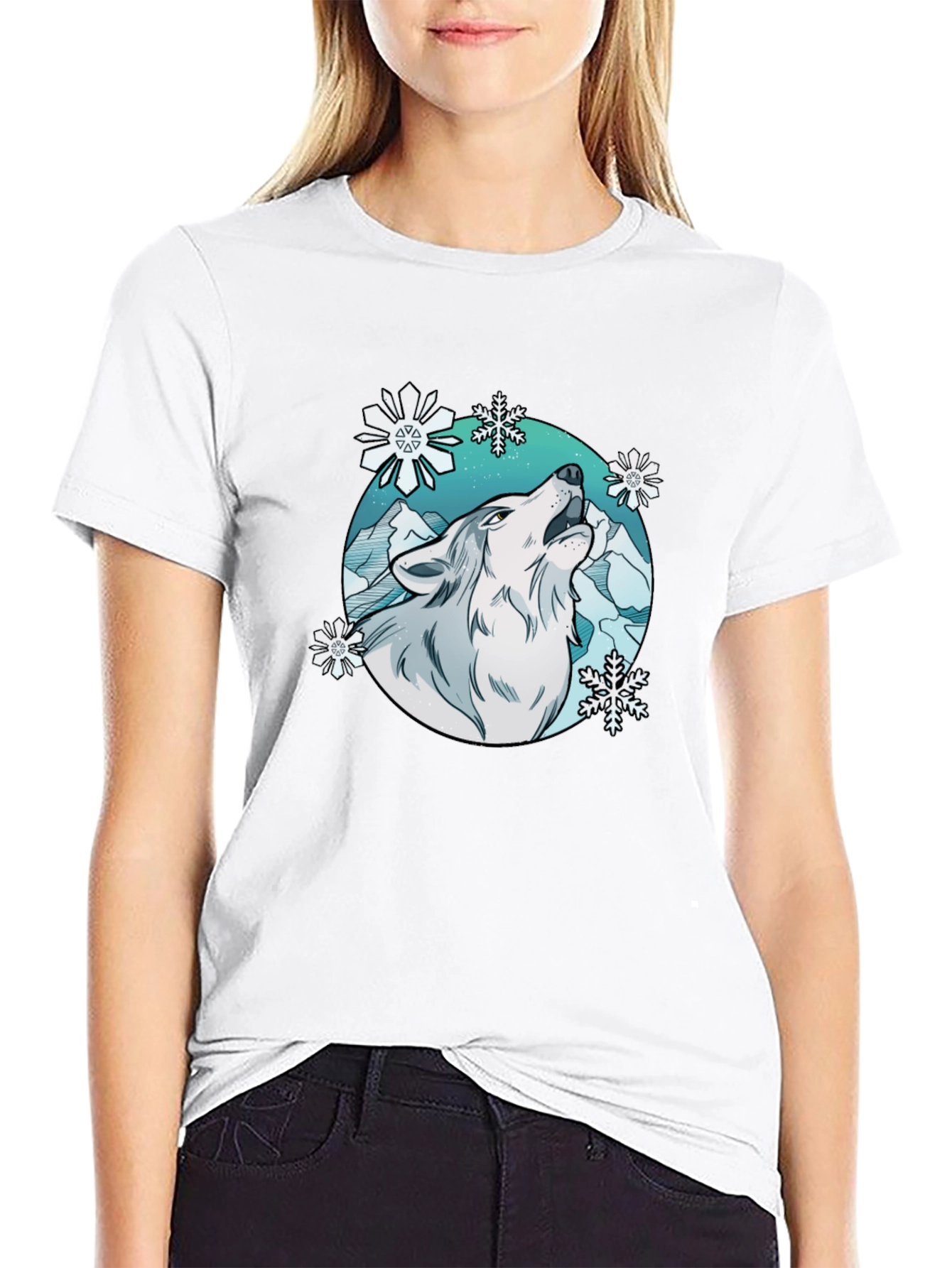 Wolf Howl Snowflake Graphic T-Shirt - Winter Style