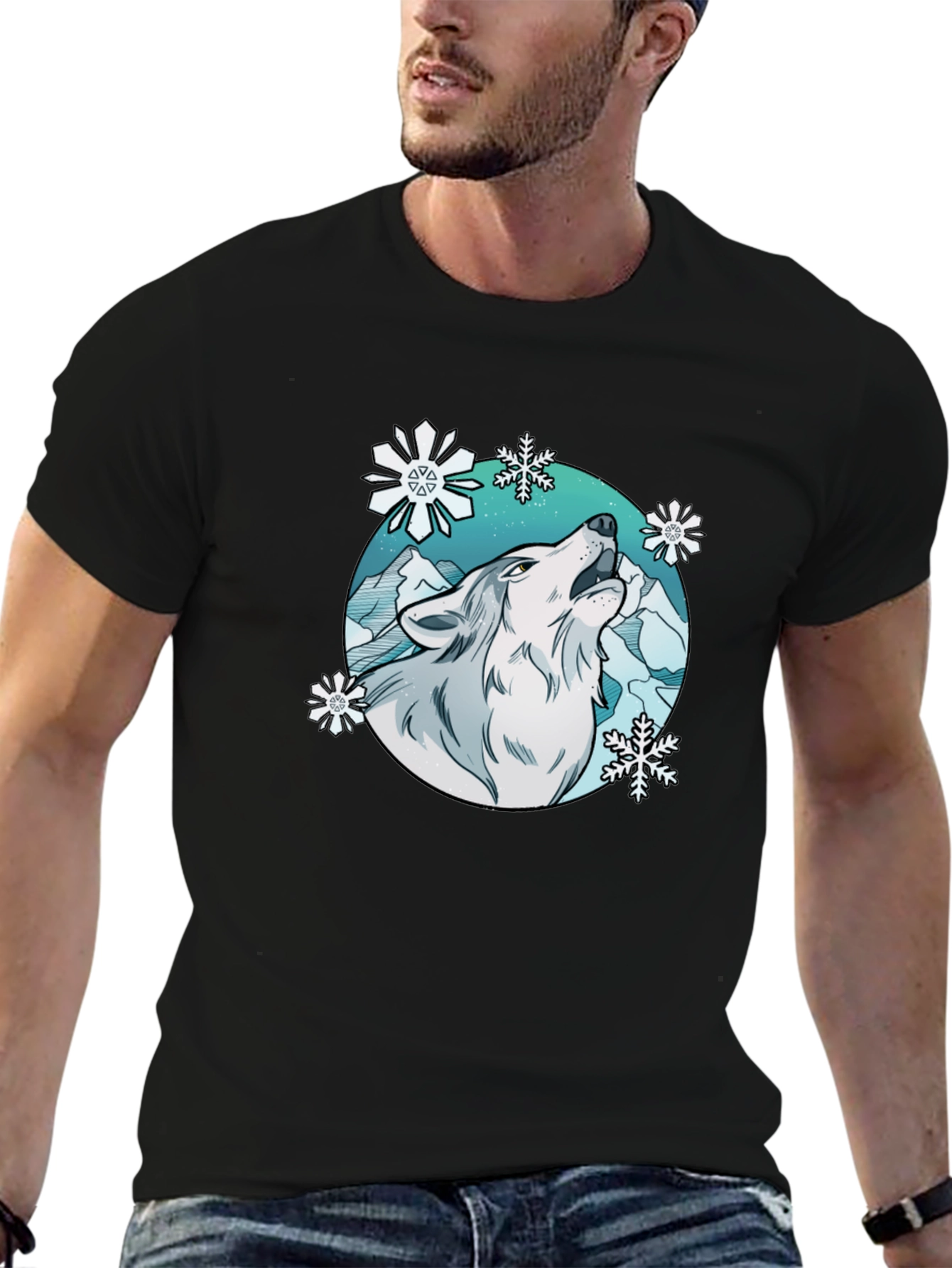 Wolf Howl Snowflake Graphic T-Shirt - Winter Style