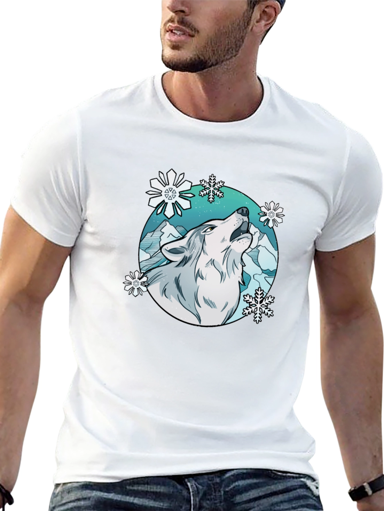 Wolf Howl Snowflake Graphic T-Shirt - Winter Style