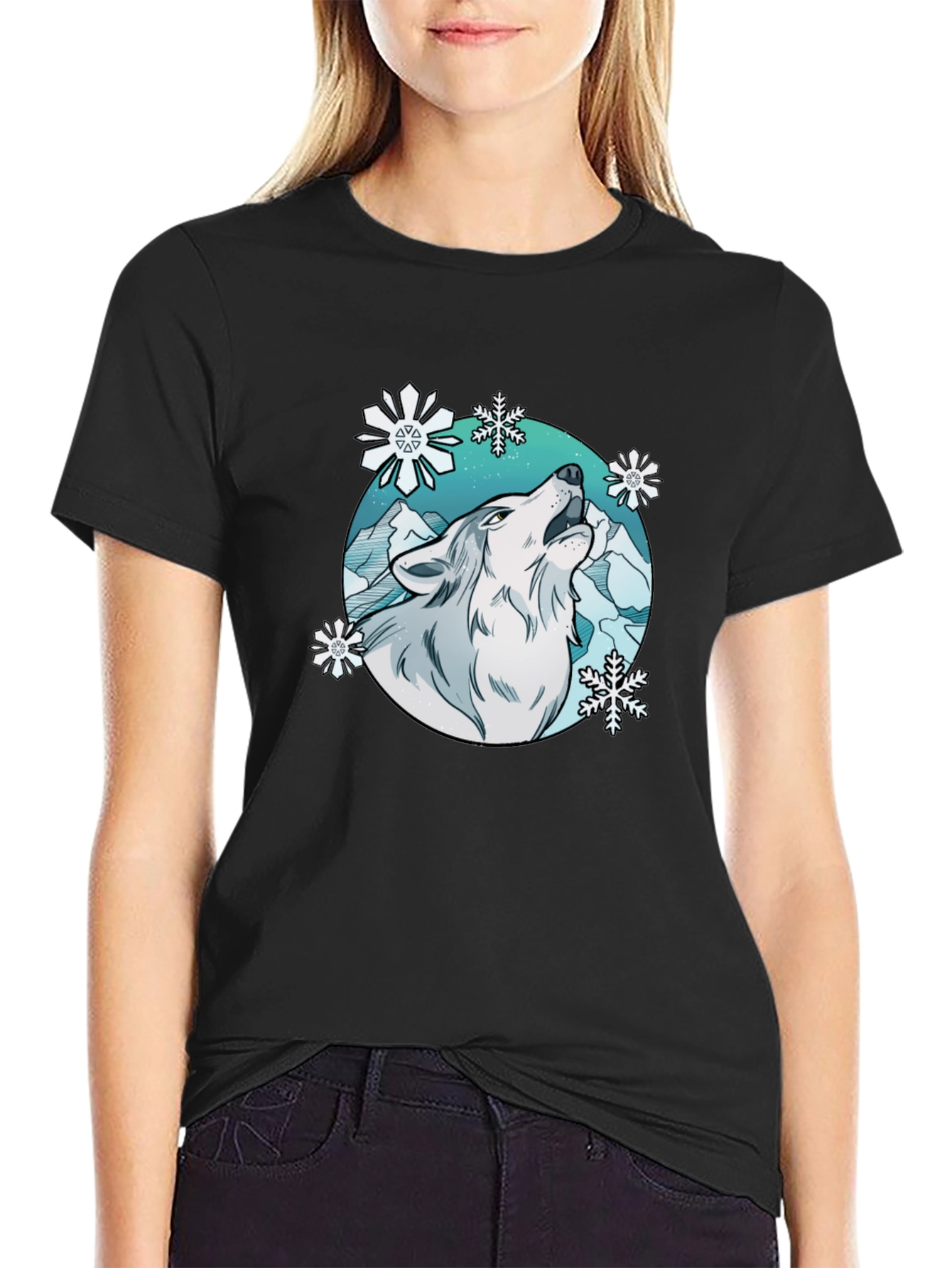 Wolf Howl Snowflake Graphic T-Shirt - Winter Style