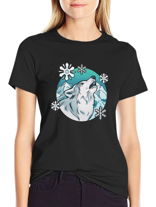 Wolf Howl Snowflake Graphic T-Shirt - Winter Style