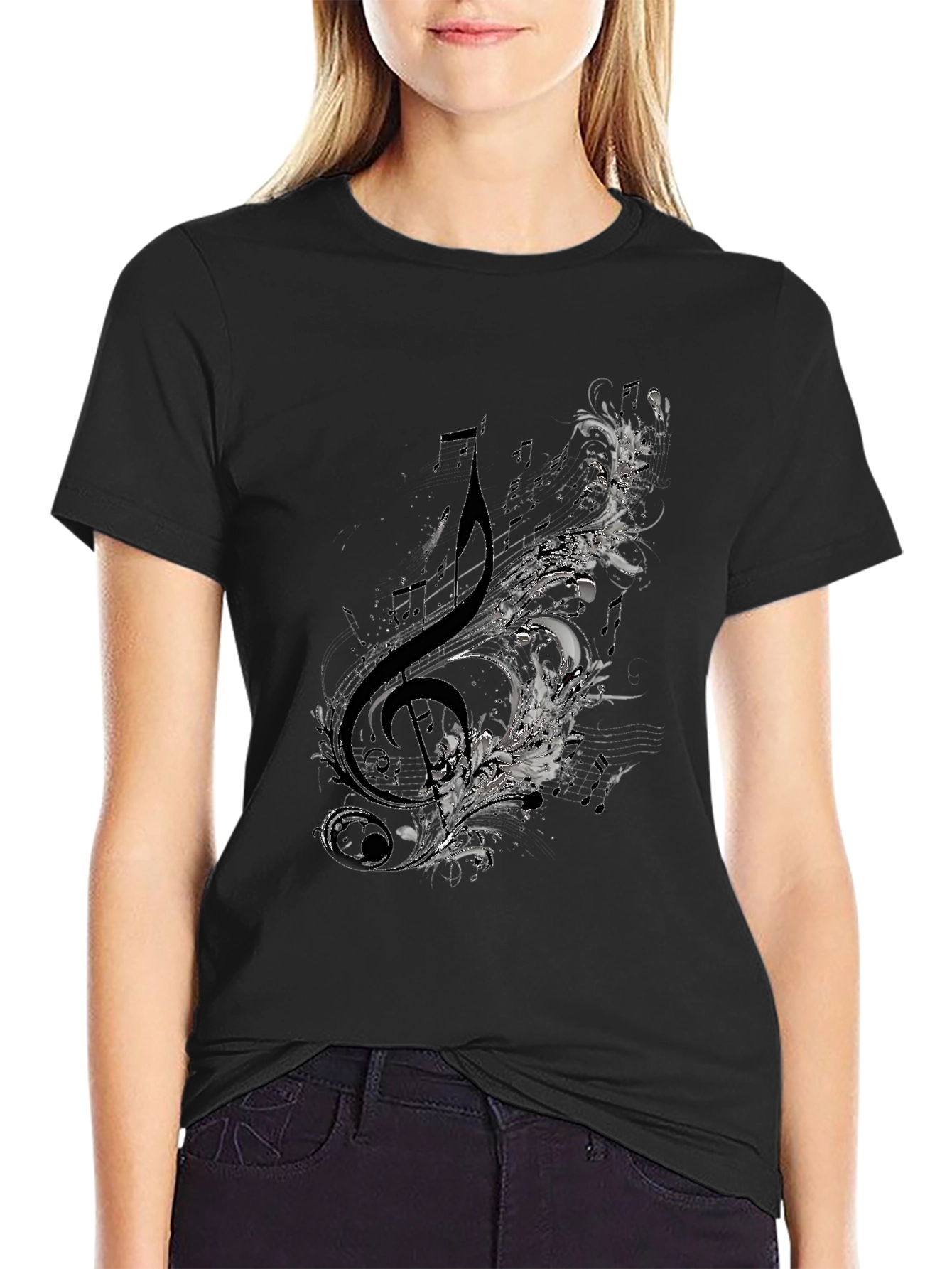 Treble Clef Floral Mens Black Graphic T-Shirt