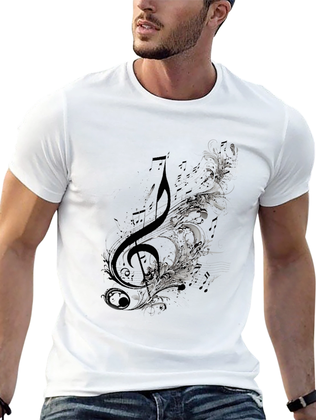Treble Clef Floral Mens Black Graphic T-Shirt