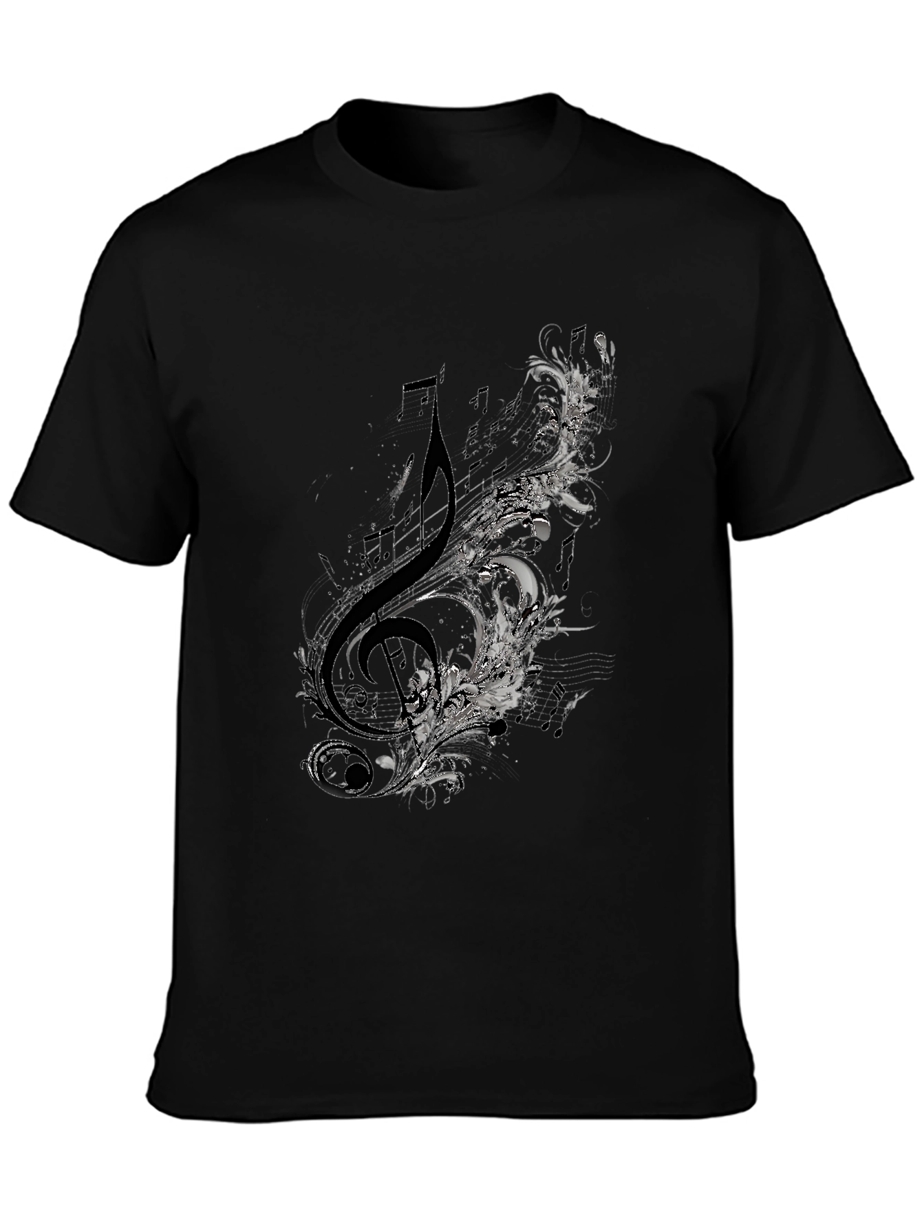 Treble Clef Floral Mens Black Graphic T-Shirt