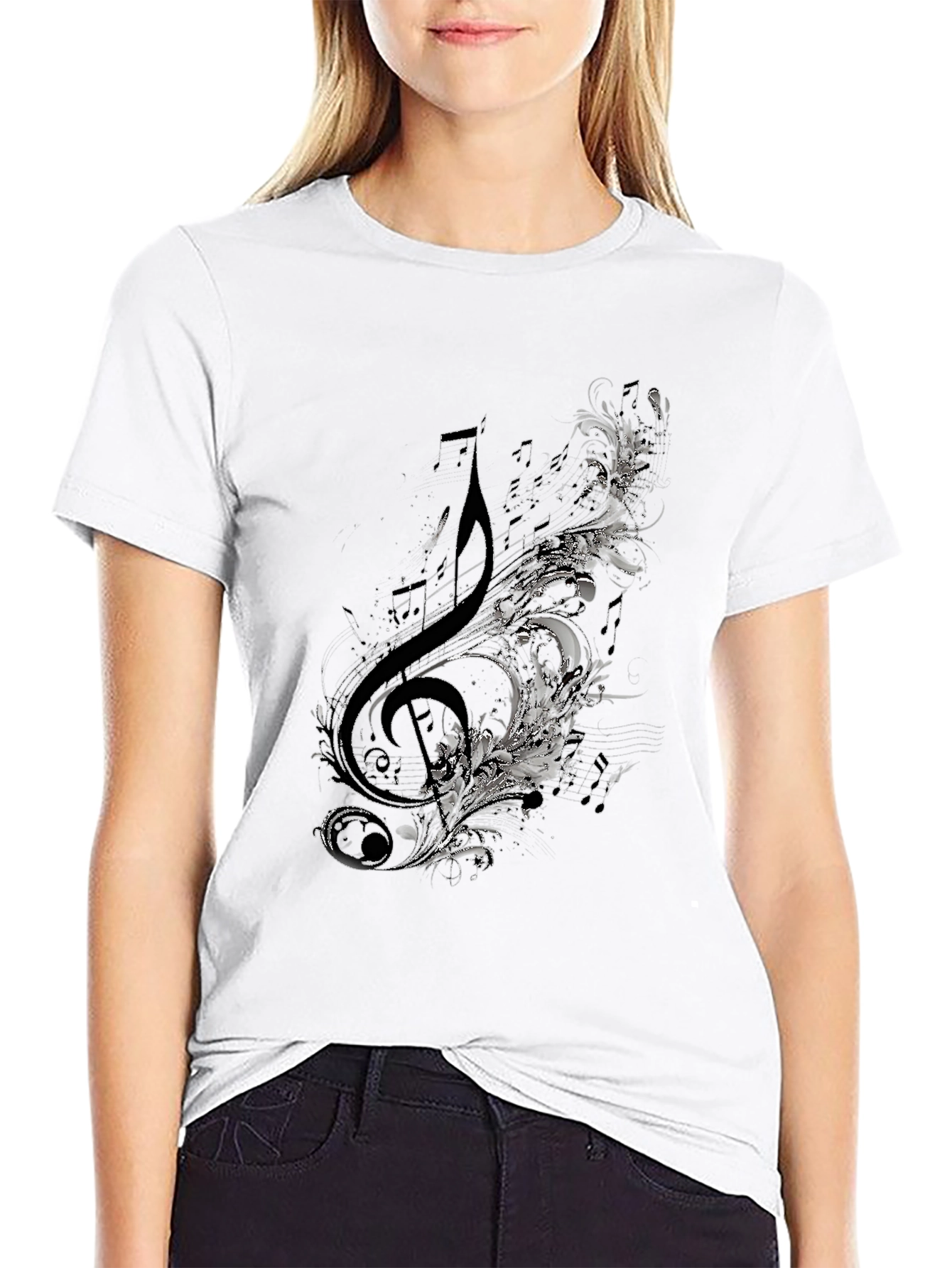 Treble Clef Floral Mens Black Graphic T-Shirt