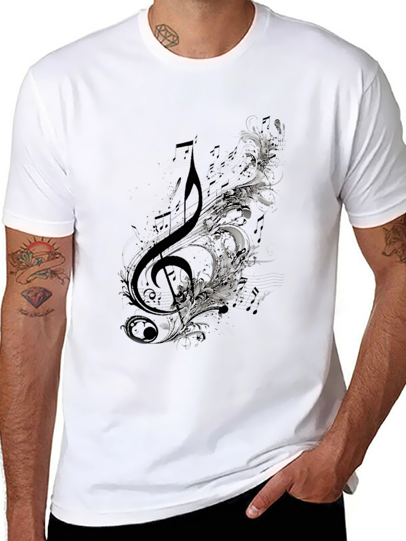 Treble Clef Floral Mens Black Graphic T-Shirt