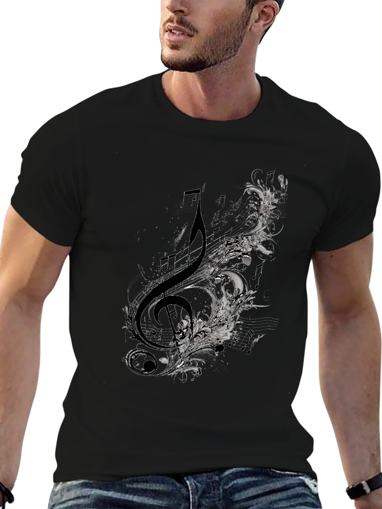 Treble Clef Floral Mens Black Graphic T-Shirt