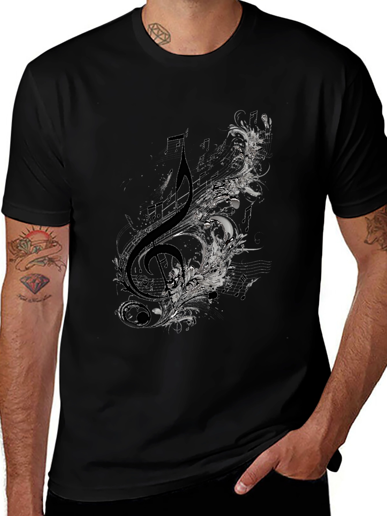 Treble Clef Floral Mens Black Graphic T-Shirt