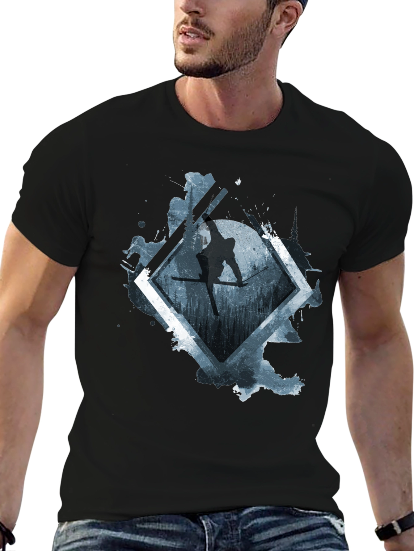 Mens Black Skiing Graphic Tee