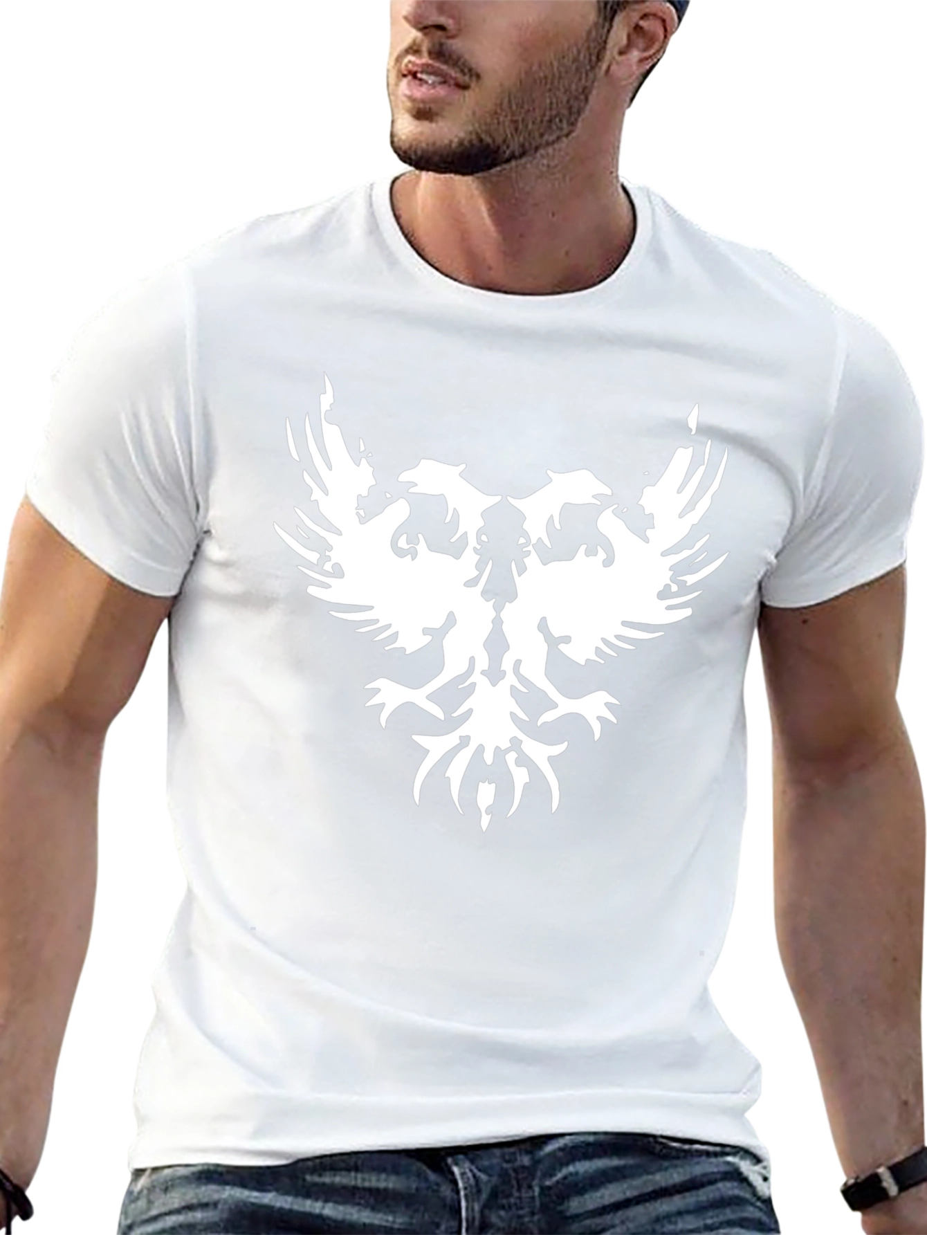 Black T-Shirt with White Double-Headed Eagle Design