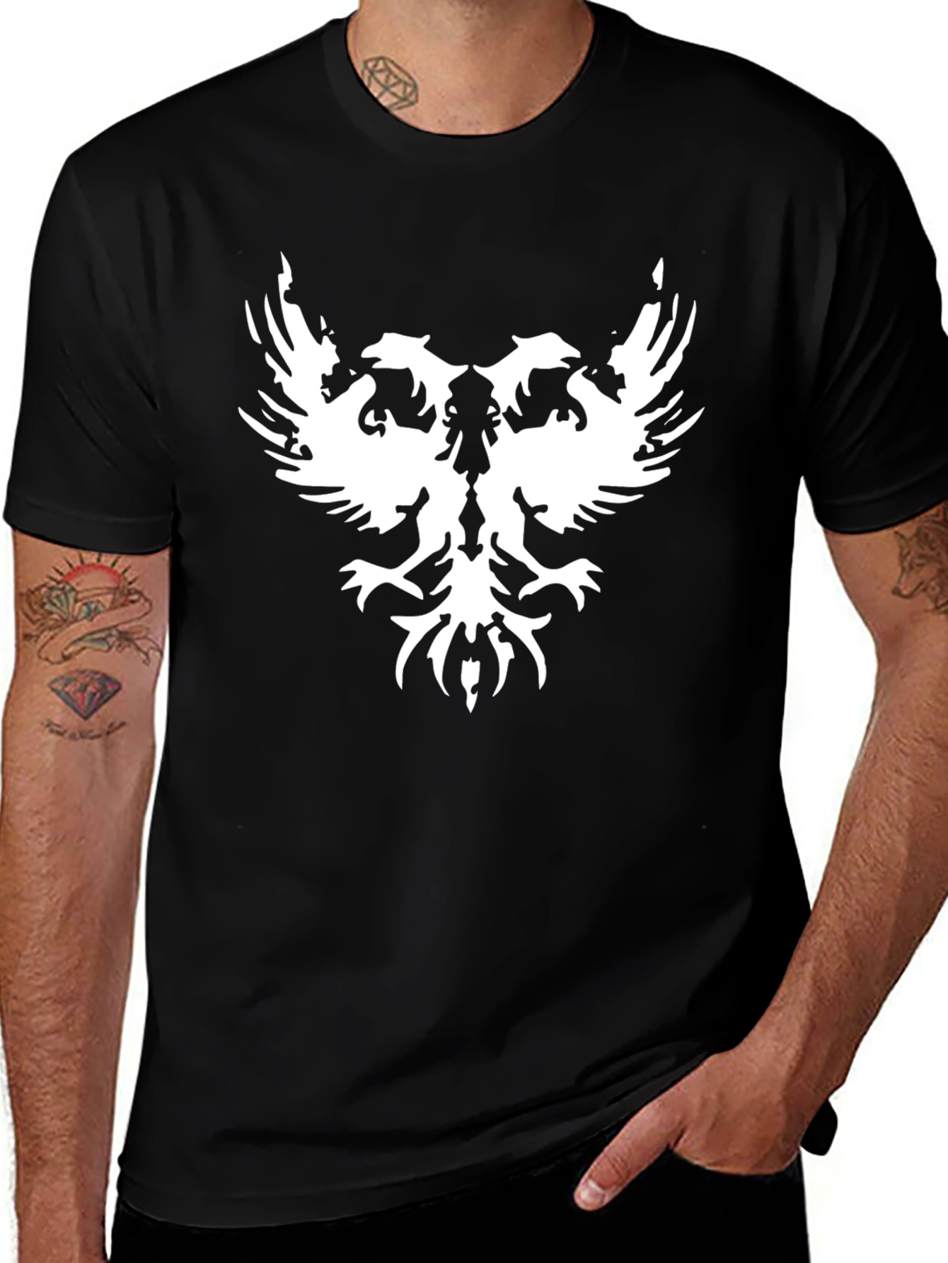 Black T-Shirt with White Double-Headed Eagle Design