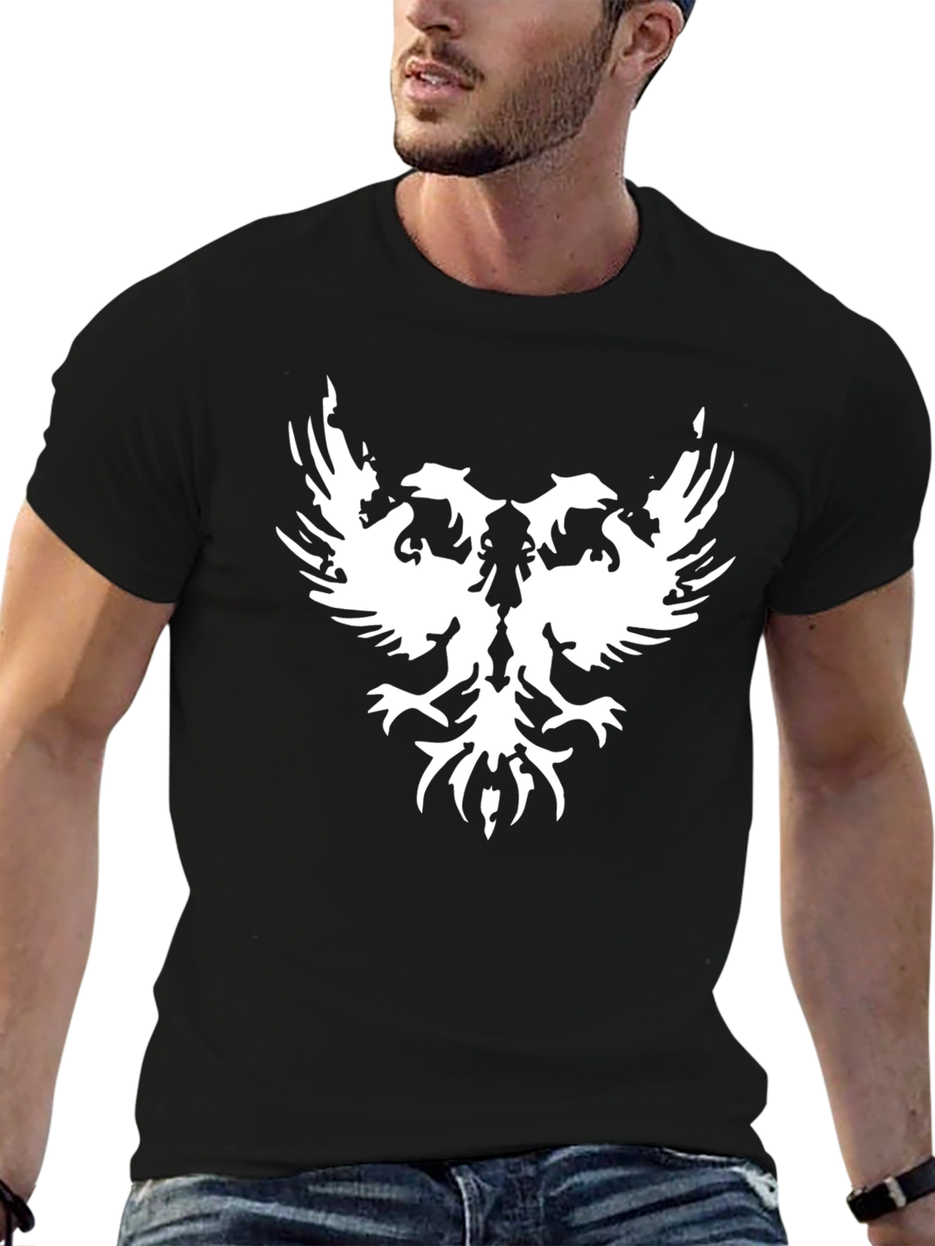 Black T-Shirt with White Double-Headed Eagle Design