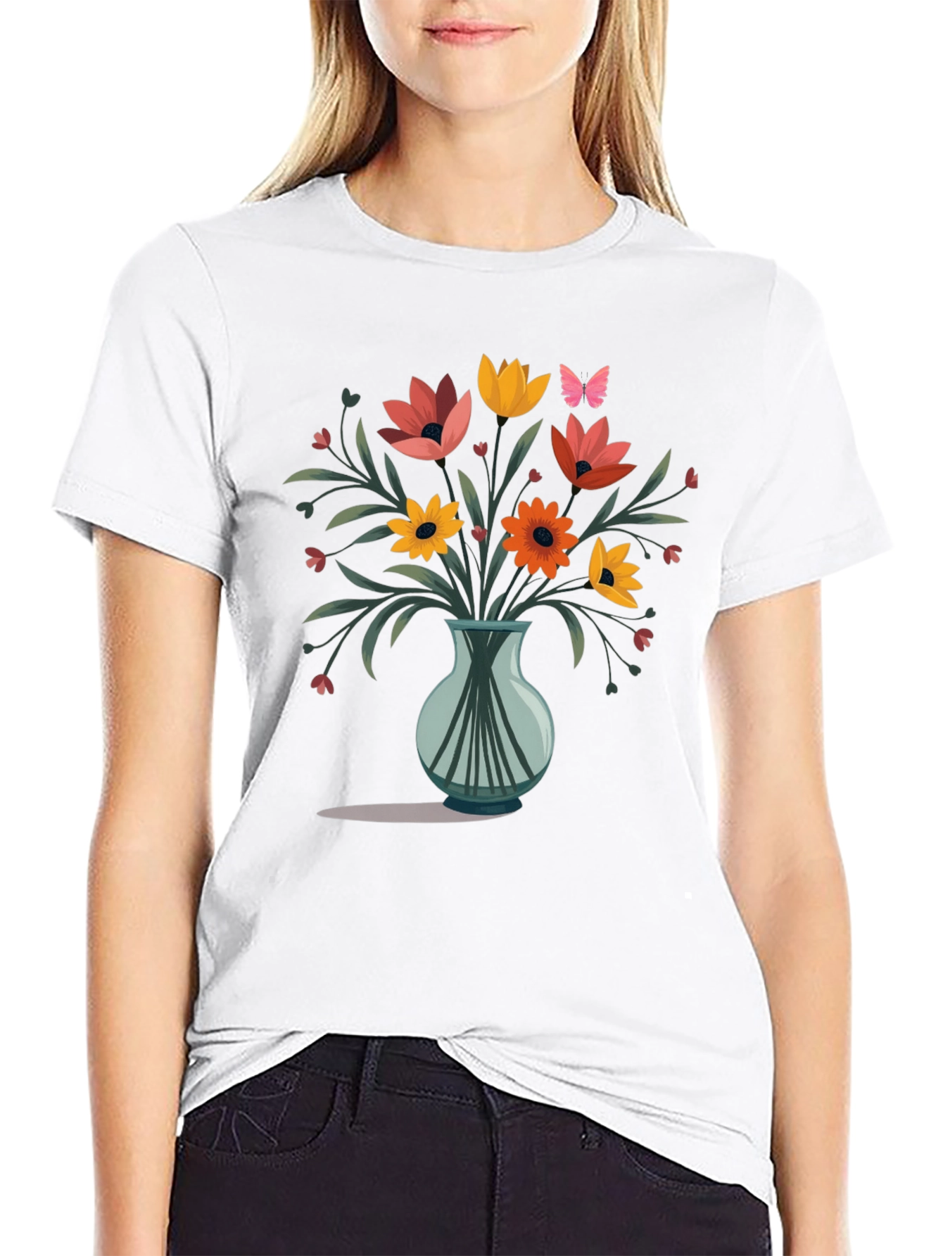 Floral Vase Graphic Print Mens Black T-Shirt