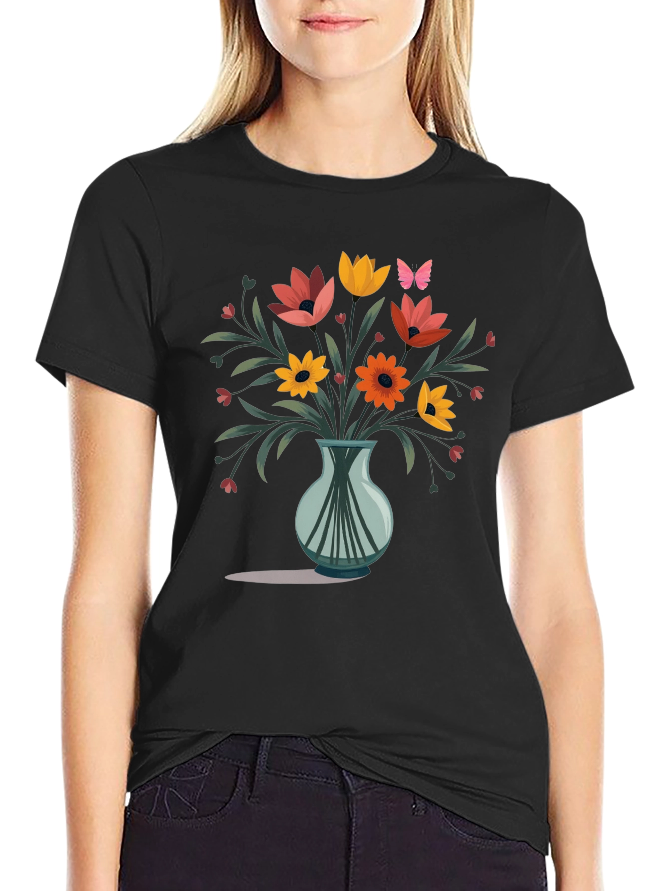 Floral Vase Graphic Print Mens Black T-Shirt