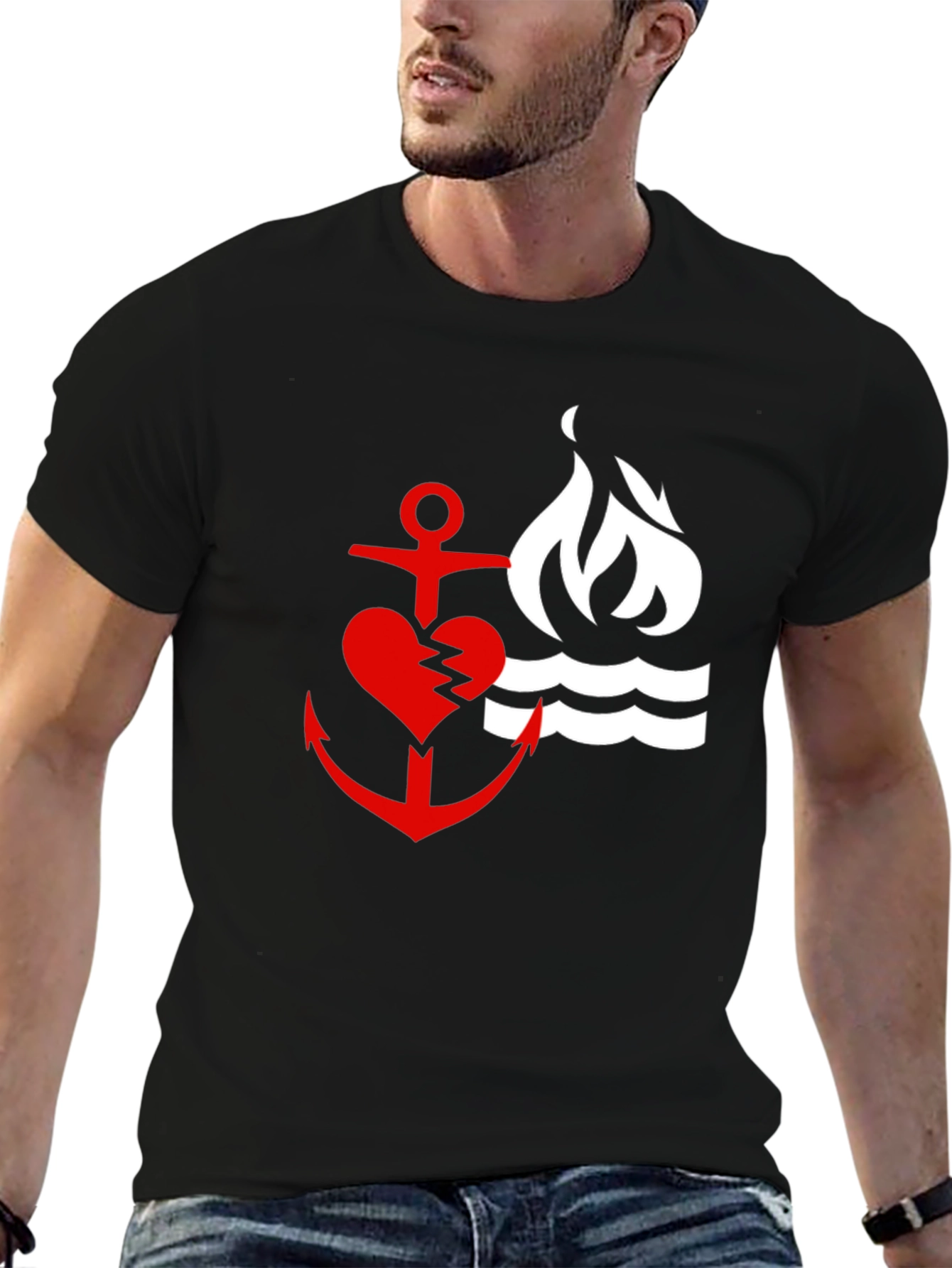Red Heart Anchor & Flame Black T-Shirt