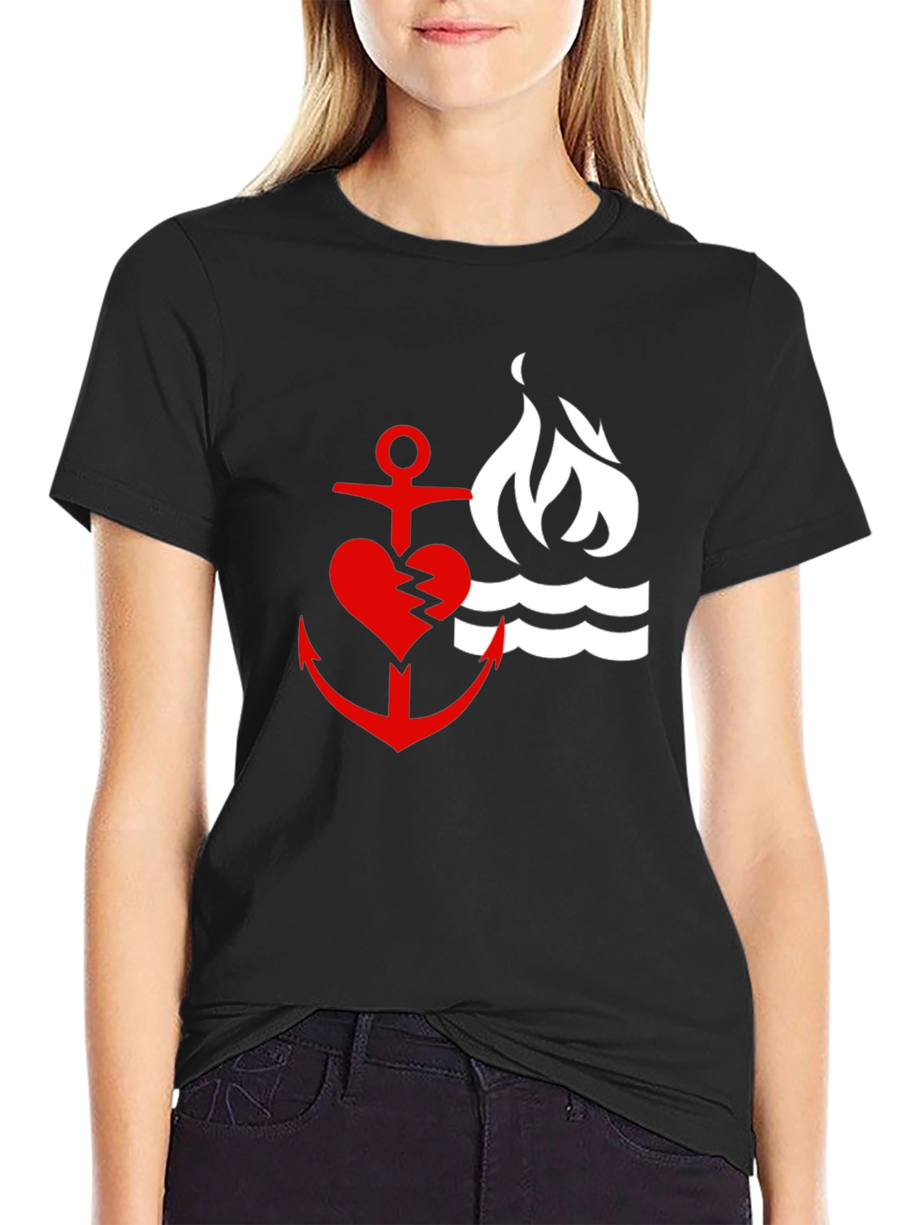 Red Heart Anchor & Flame Black T-Shirt