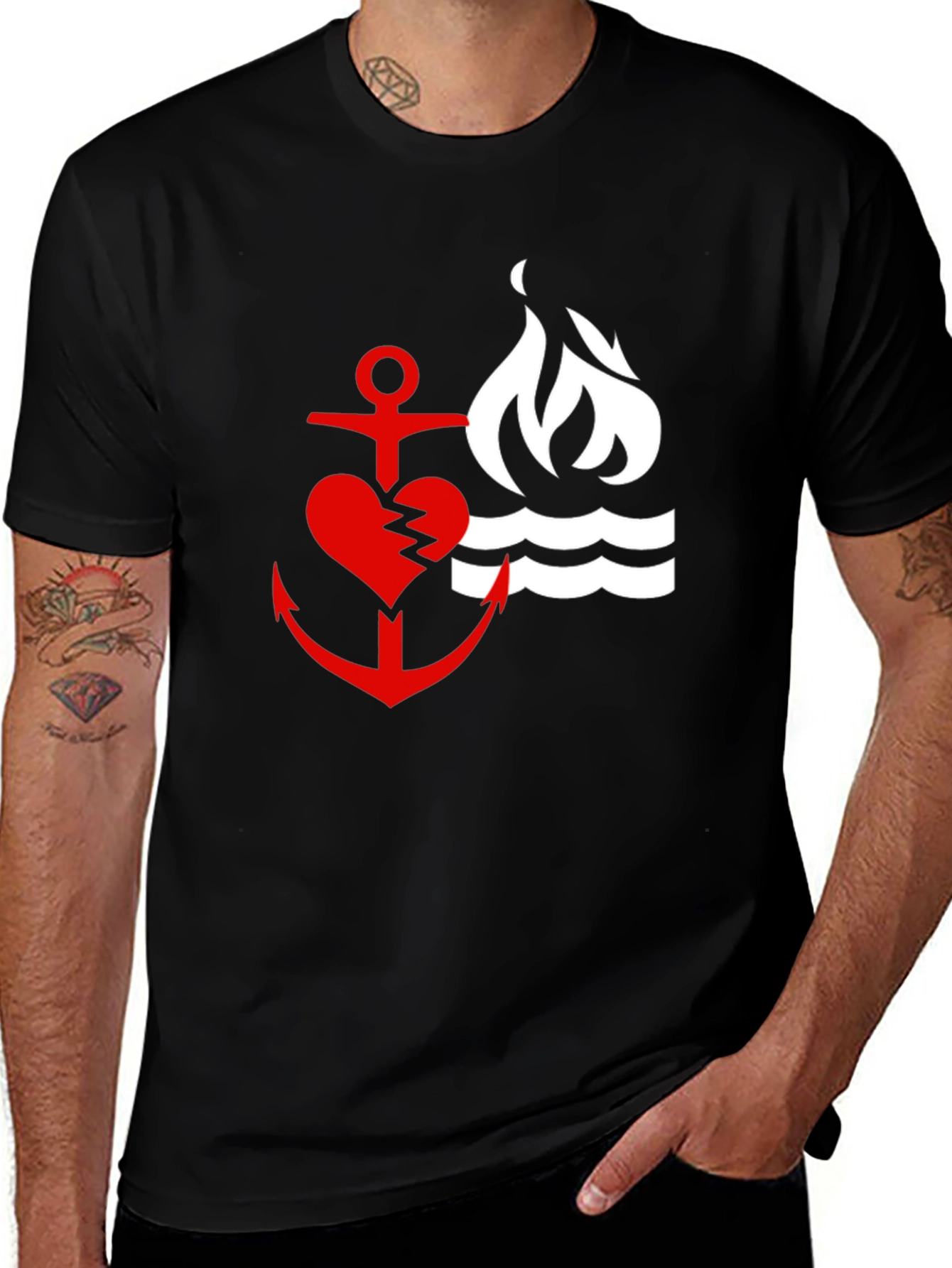 Red Heart Anchor & Flame Black T-Shirt
