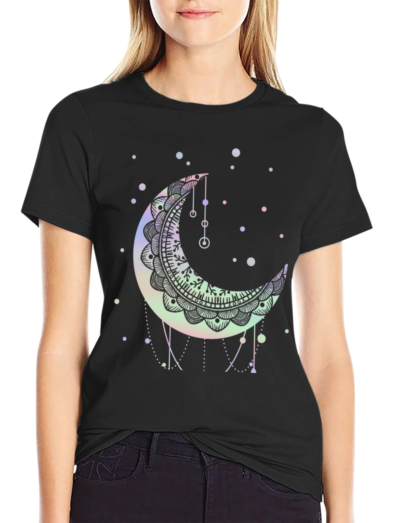 Crescent Moon Mandala Graphic Tee - Black