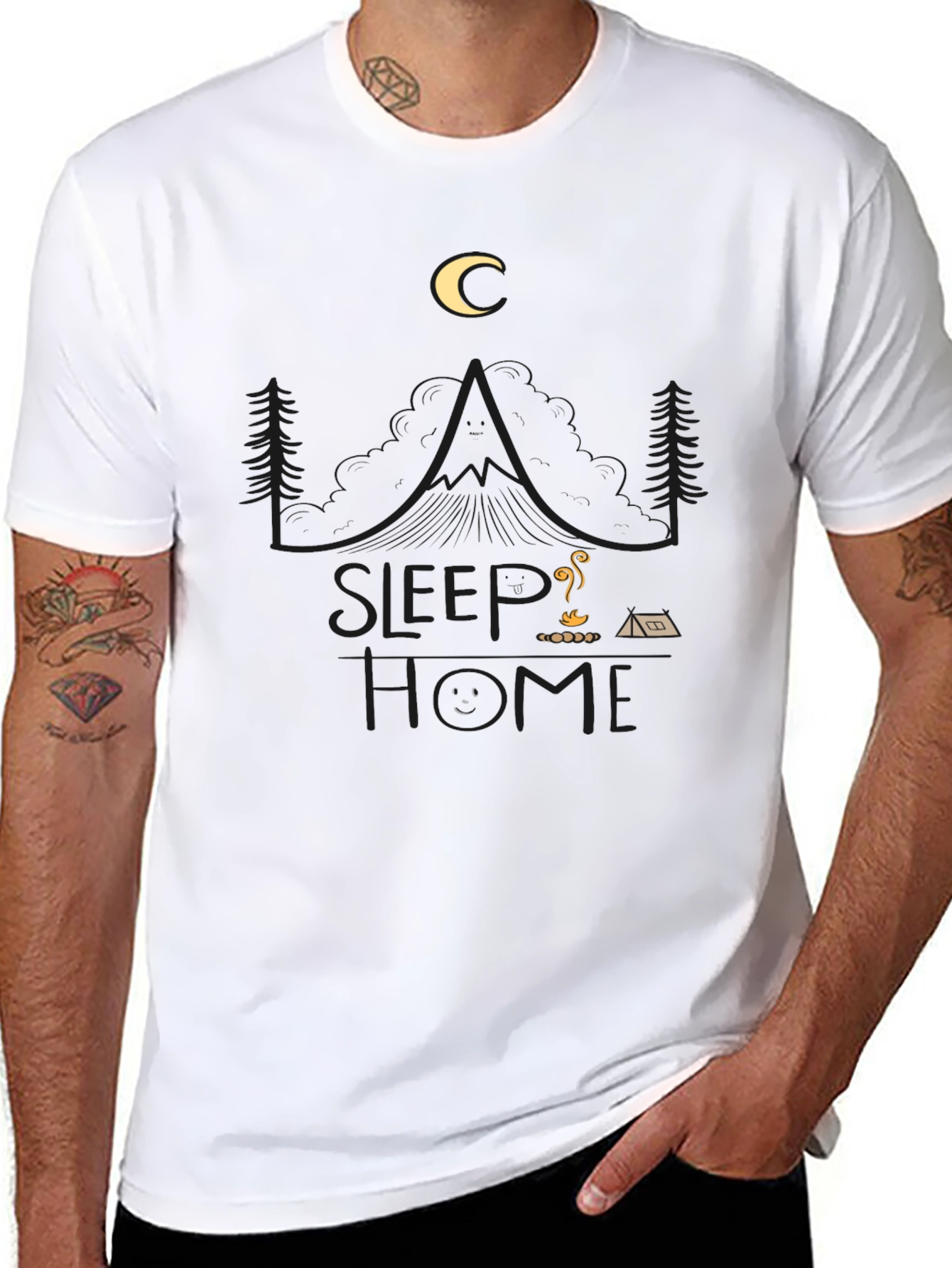 Sleep Home Black Graphic T-Shirt - Camping Design