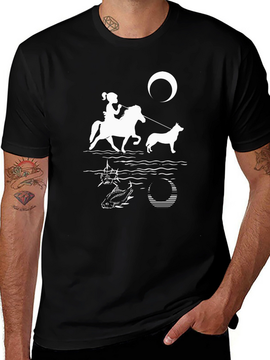 Black T-Shirt with Horse Rider Dog and Night Sky Graphic