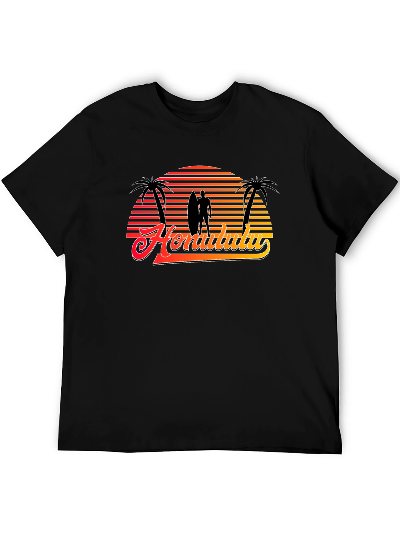 Retro Honolulu Sunset T-Shirt - Surfer Palm Tree Design