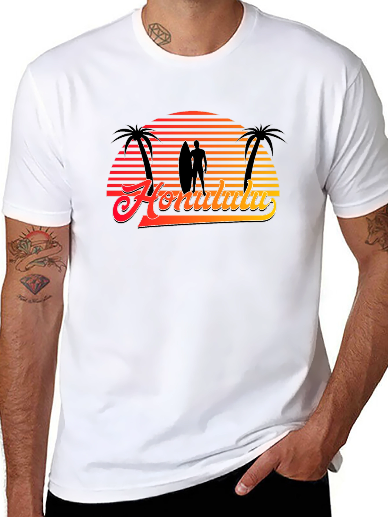 Retro Honolulu Sunset T-Shirt - Surfer Palm Tree Design