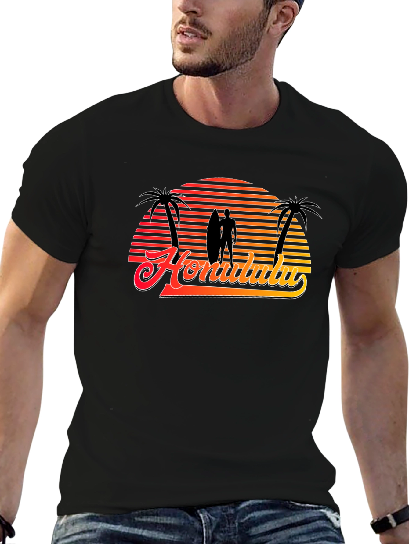 Retro Honolulu Sunset T-Shirt - Surfer Palm Tree Design