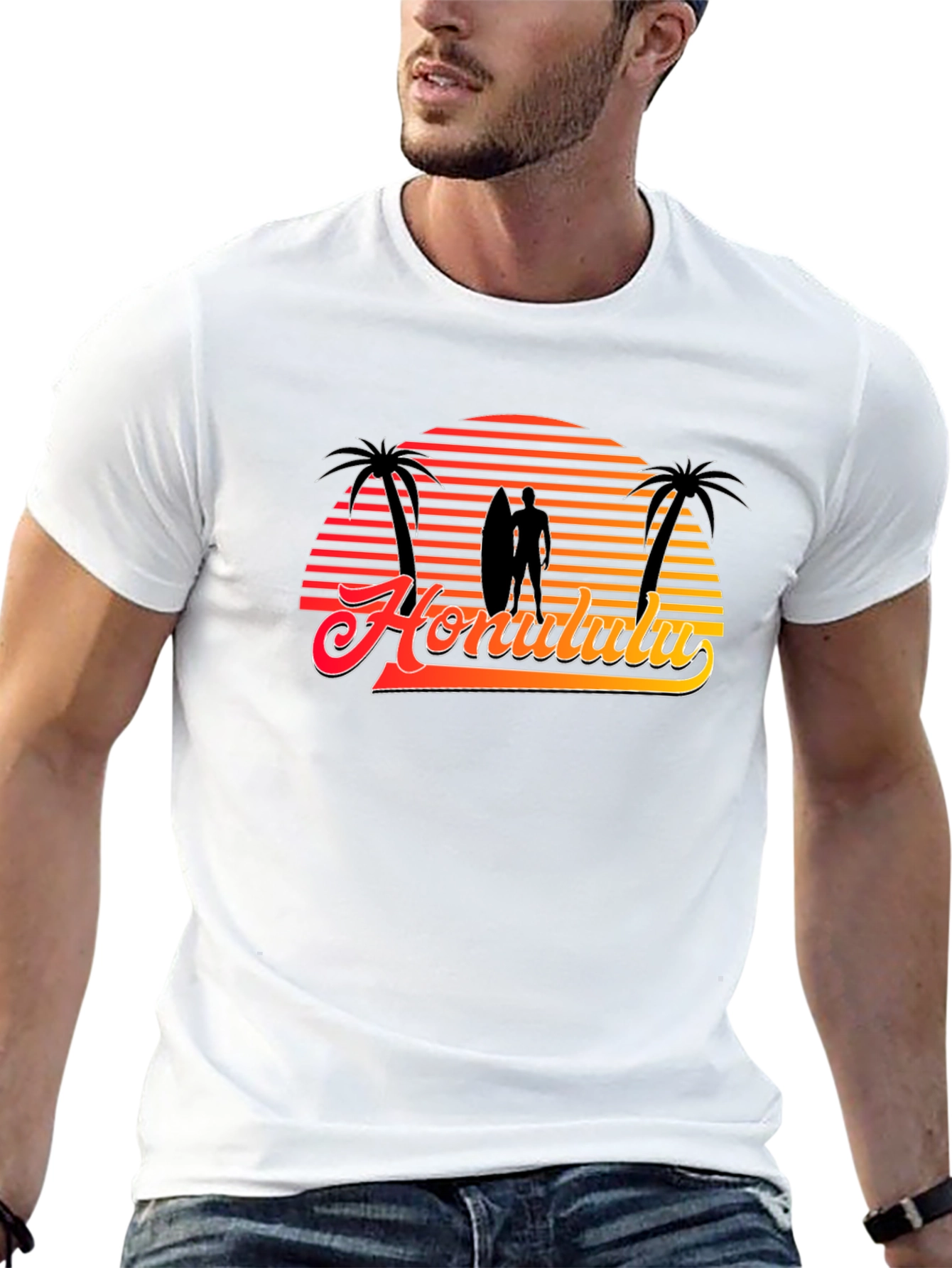 Retro Honolulu Sunset T-Shirt - Surfer Palm Tree Design