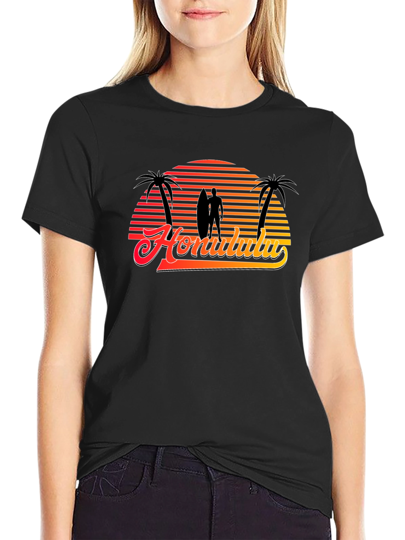 Retro Honolulu Sunset T-Shirt - Surfer Palm Tree Design